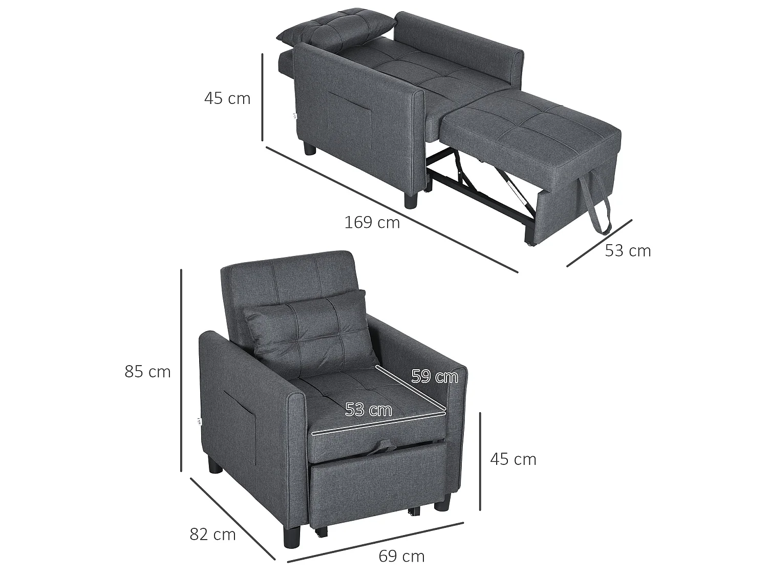 Remina Linen Look Grey 3 in 1 Single Chair Bed