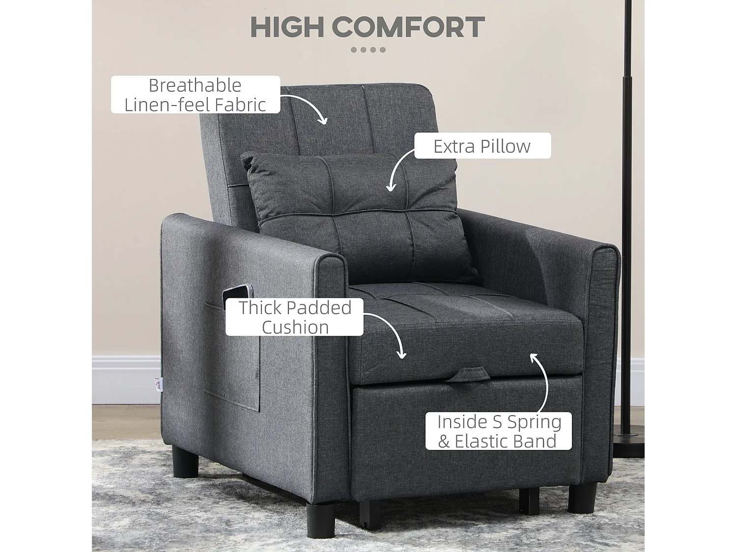 Remina Linen Look Grey 3 in 1 Single Chair Bed