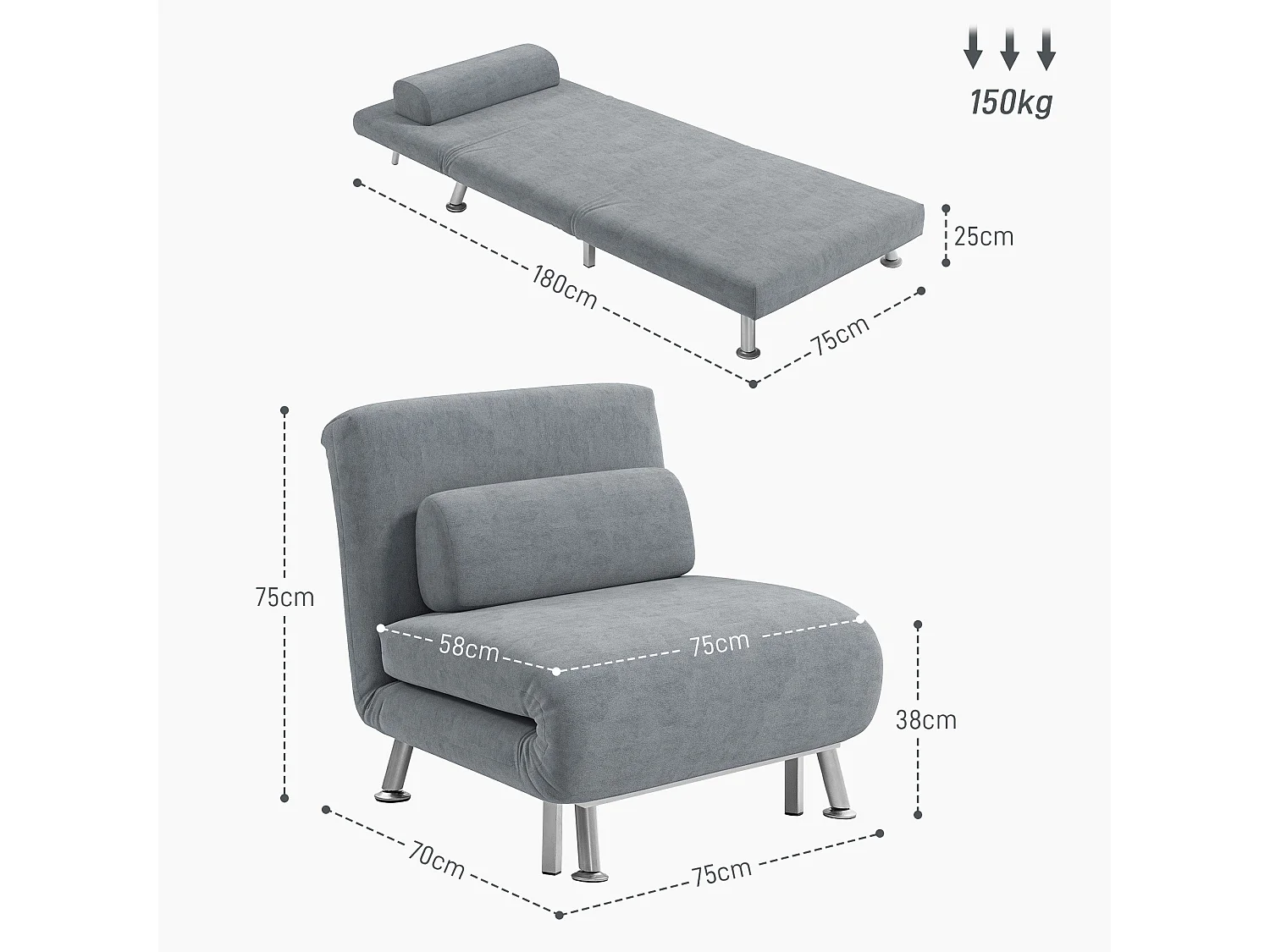 Noso Velvet Grey 3 in 1 Single Sleeper Chair