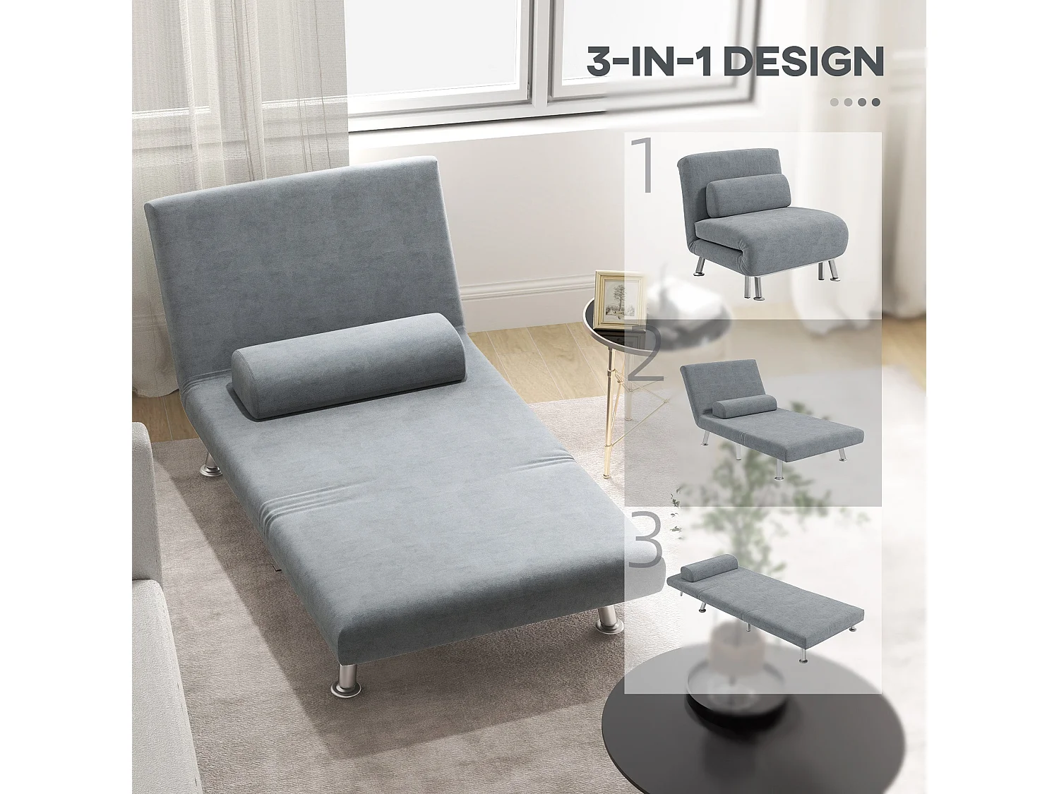 Noso Velvet Grey 3 in 1 Single Sleeper Chair