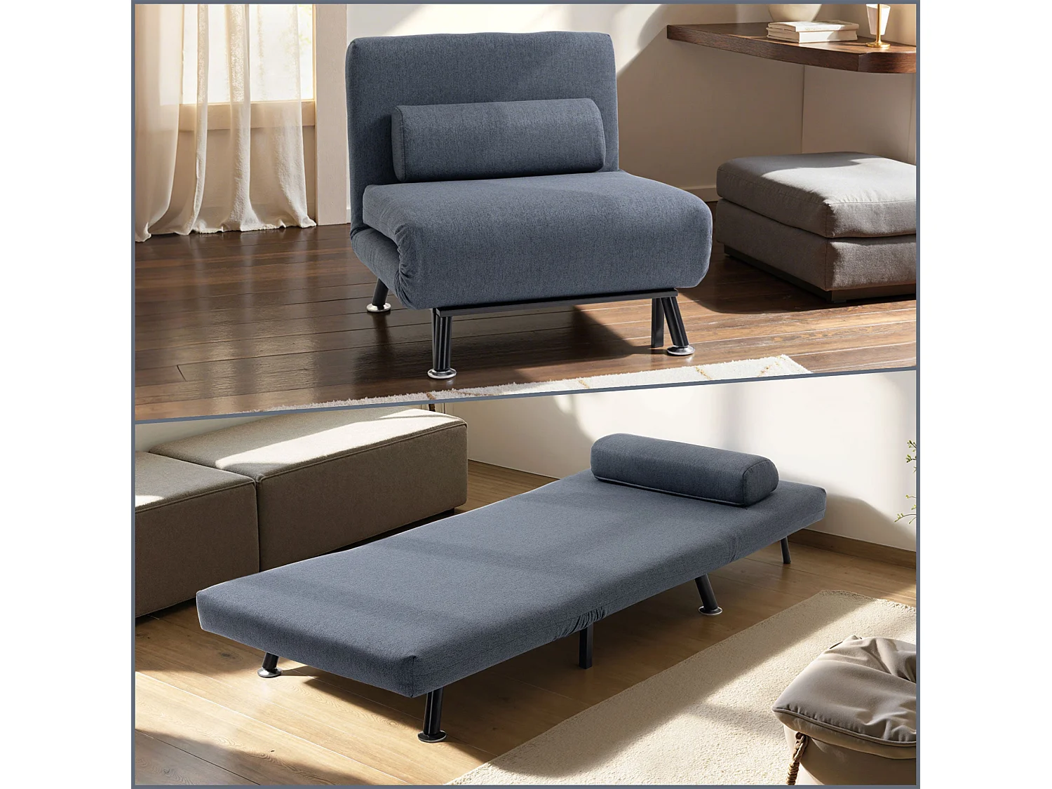 Raha Linen Dark Grey 3 in 1 Convertible Chair Bed with Adjustable 5 Position Backrest and Pillow