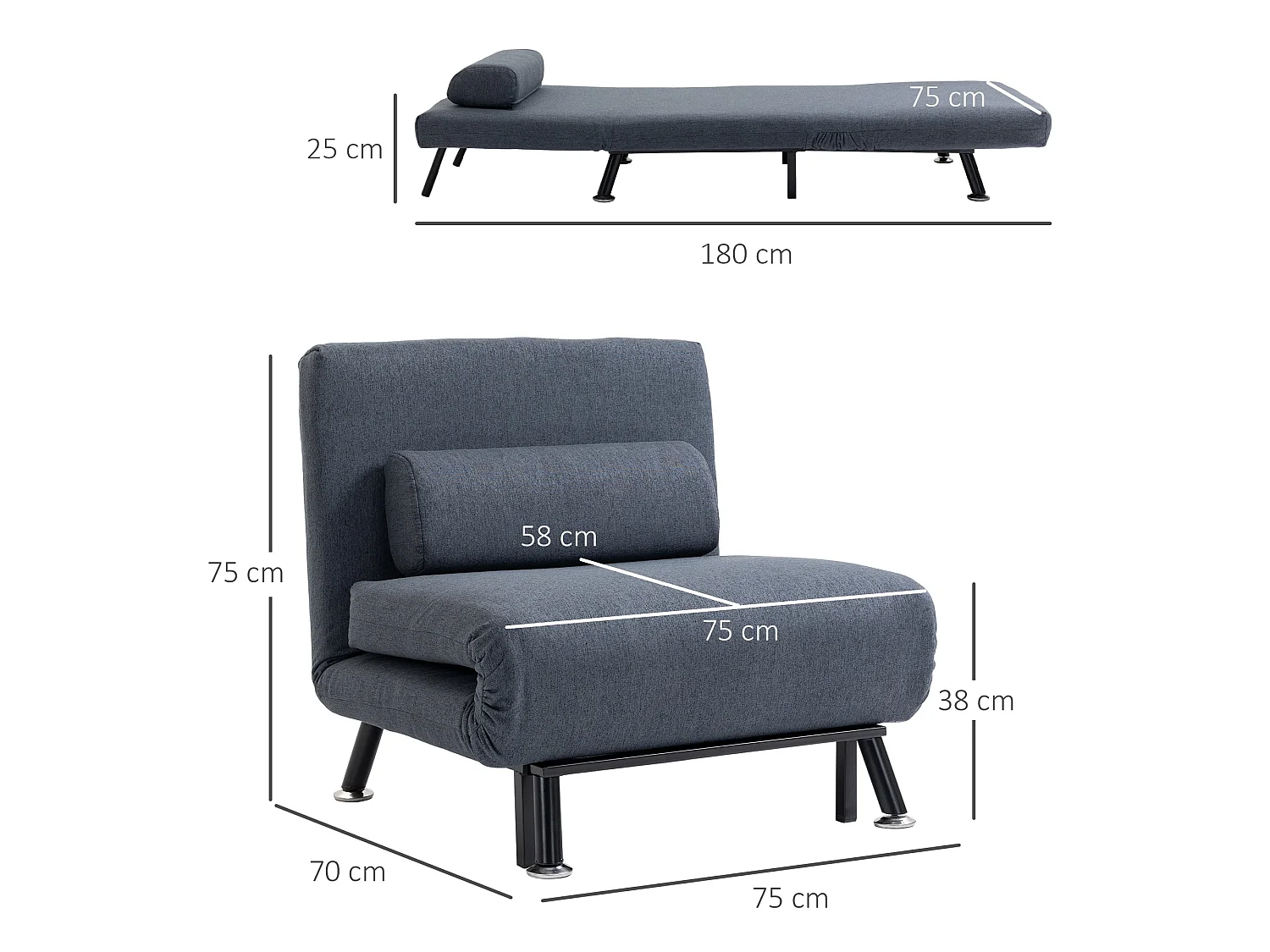 Raha Linen Dark Grey 3 in 1 Convertible Chair Bed with Adjustable 5 Position Backrest and Pillow