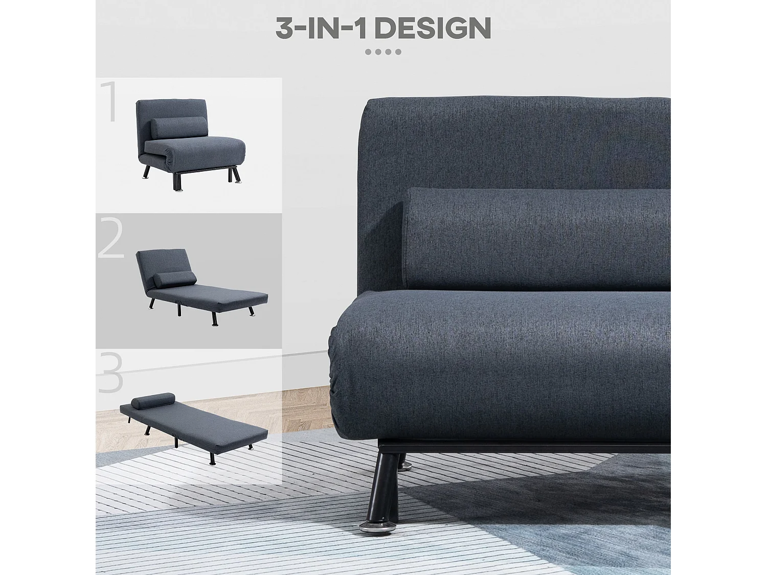 Raha Linen Dark Grey 3 in 1 Convertible Chair Bed with Adjustable 5 Position Backrest and Pillow
