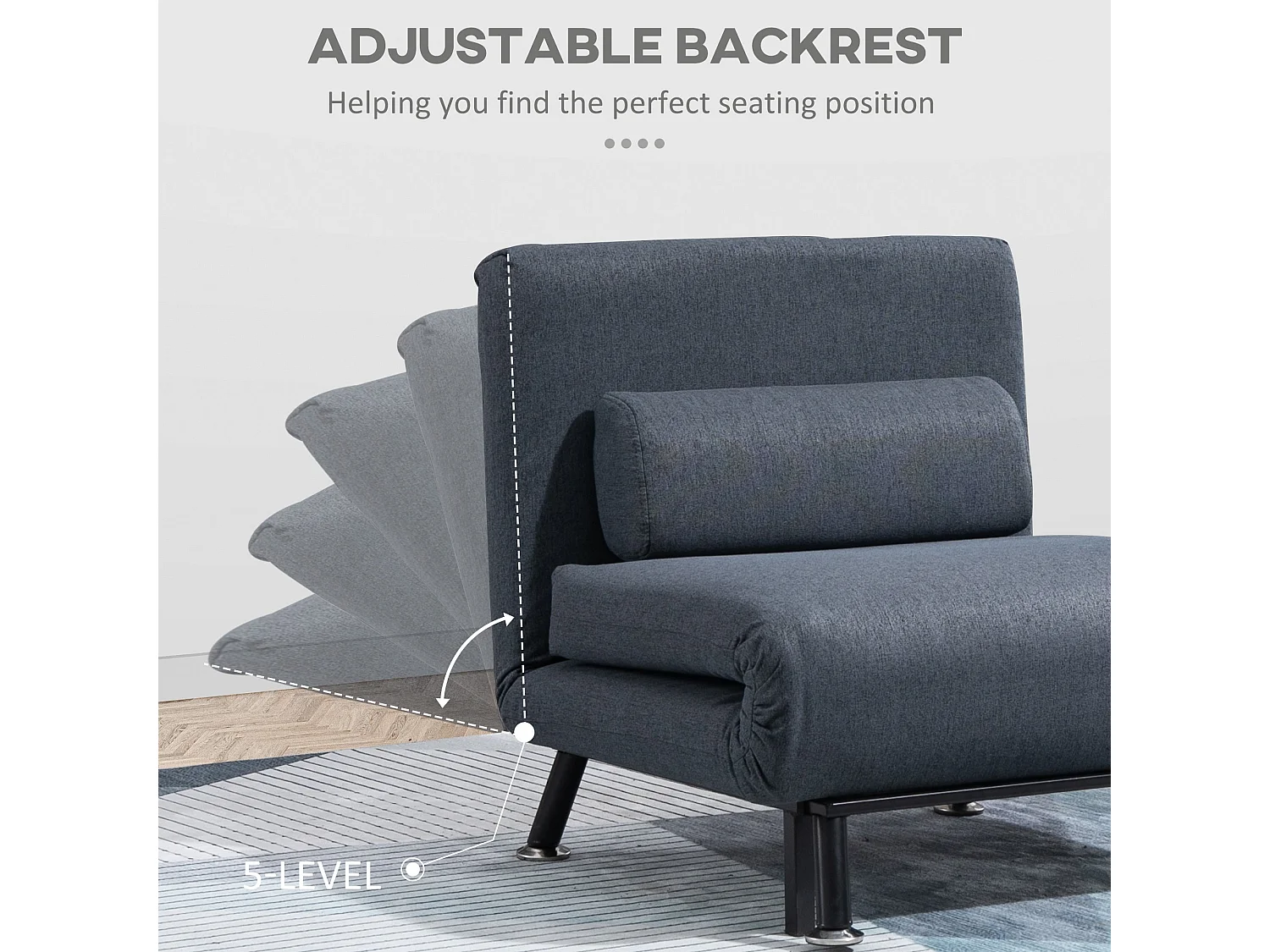 Raha Linen Dark Grey 3 in 1 Convertible Chair Bed with Adjustable 5 Position Backrest and Pillow