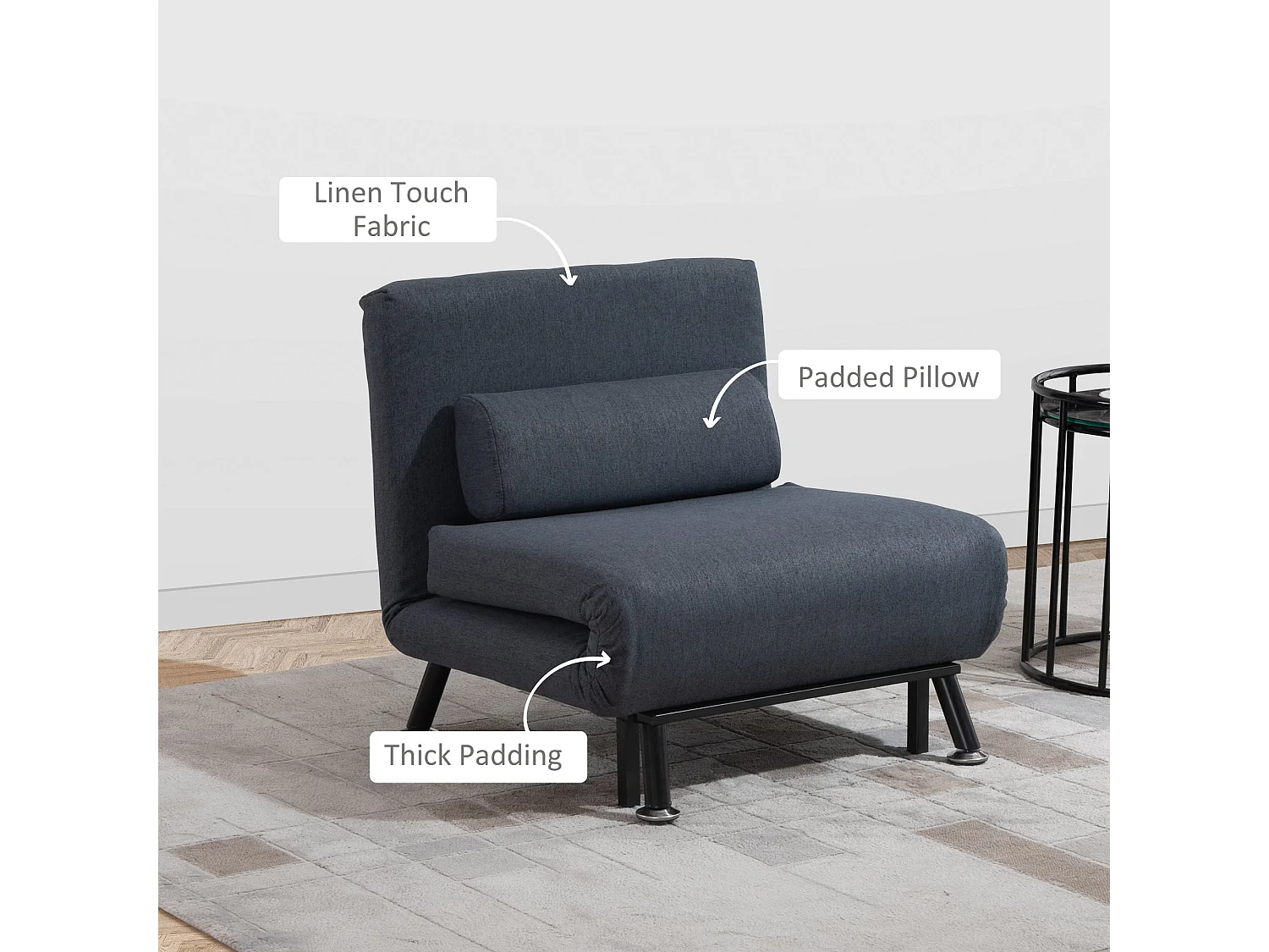 Raha Linen Dark Grey 3 in 1 Convertible Chair Bed with Adjustable 5 Position Backrest and Pillow