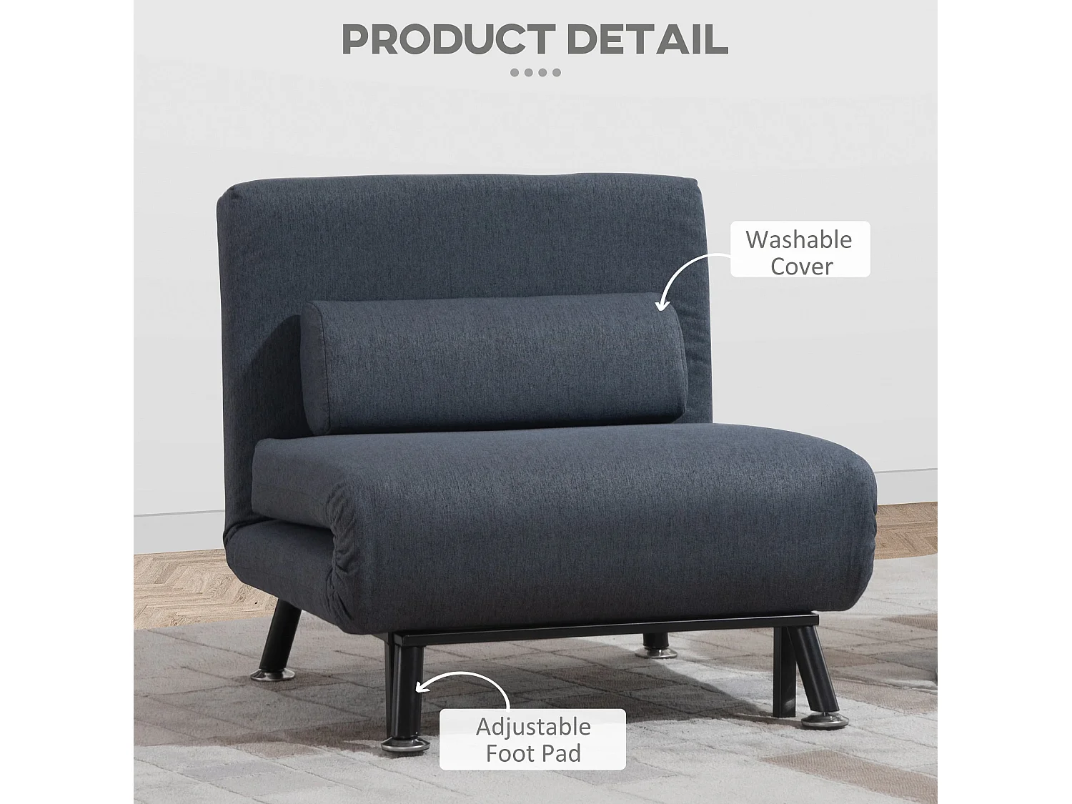 Raha Linen Dark Grey 3 in 1 Convertible Chair Bed with Adjustable 5 Position Backrest and Pillow