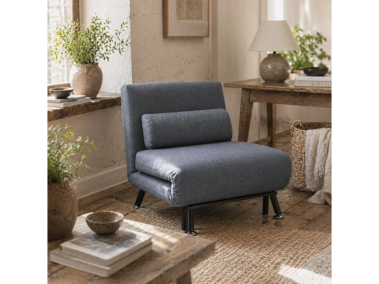 Raha Linen Dark Grey 3 in 1 Convertible Chair Bed with Adjustable 5 Position Backrest and Pillow