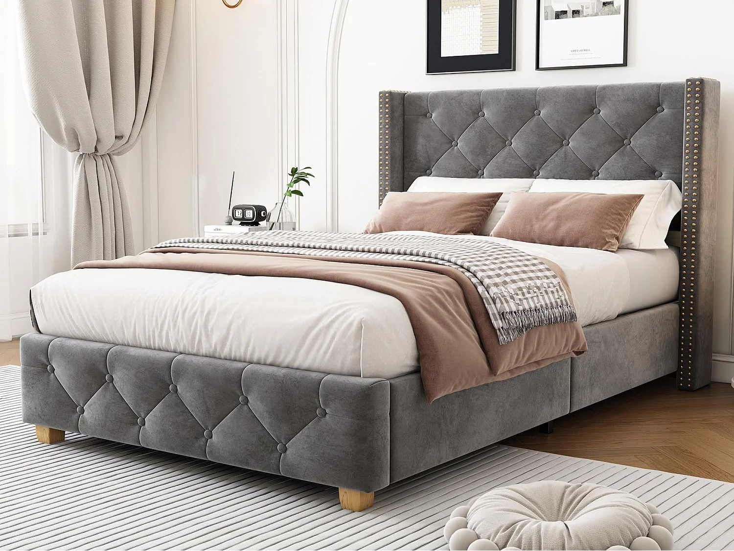 Lit simple rembourré 90x190 cm - avec sommier à lattes et tête de lit - capitonnage à boutons - Tissu velours - Gris (sans matelas)
