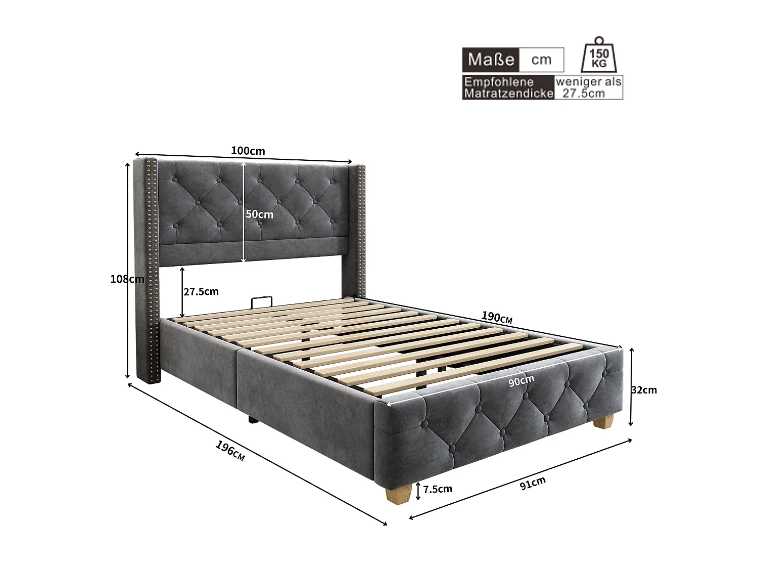 Lit simple rembourré 90x190 cm - avec sommier à lattes et tête de lit - capitonnage à boutons - Tissu velours - Gris (sans matelas)