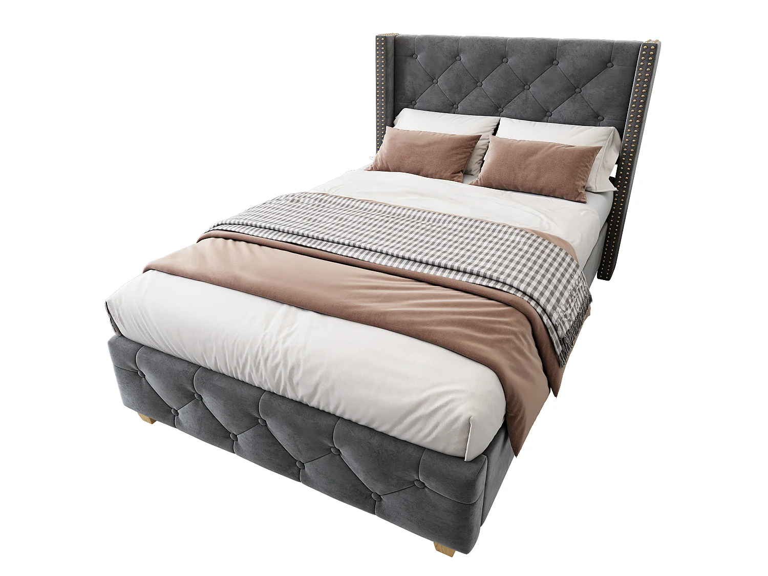 Lit simple rembourré 90x190 cm - avec sommier à lattes et tête de lit - capitonnage à boutons - Tissu velours - Gris (sans matelas)