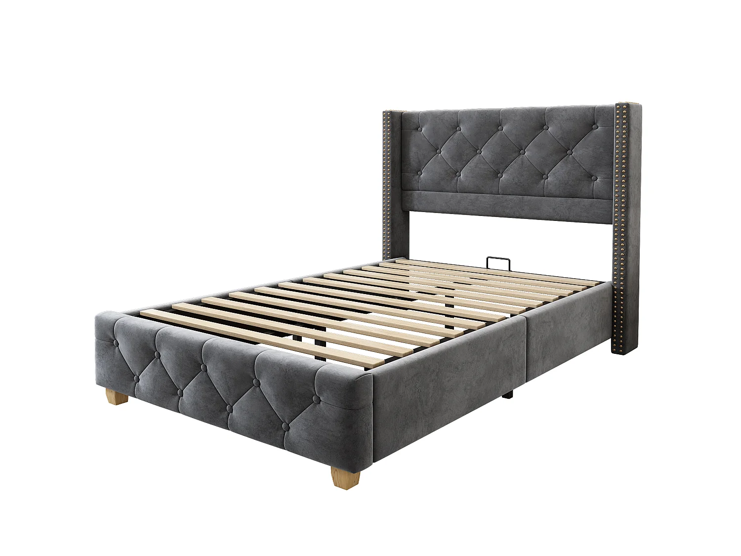 Lit simple rembourré 90x190 cm - avec sommier à lattes et tête de lit - capitonnage à boutons - Tissu velours - Gris (sans matelas)