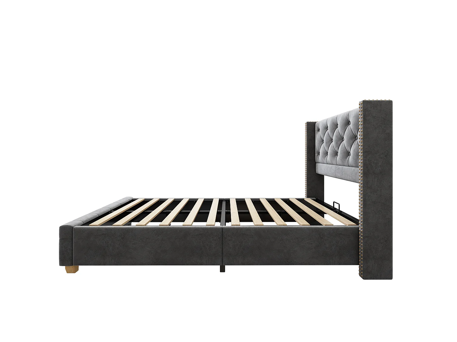 Lit simple rembourré 90x190 cm - avec sommier à lattes et tête de lit - capitonnage à boutons - Tissu velours - Gris (sans matelas)