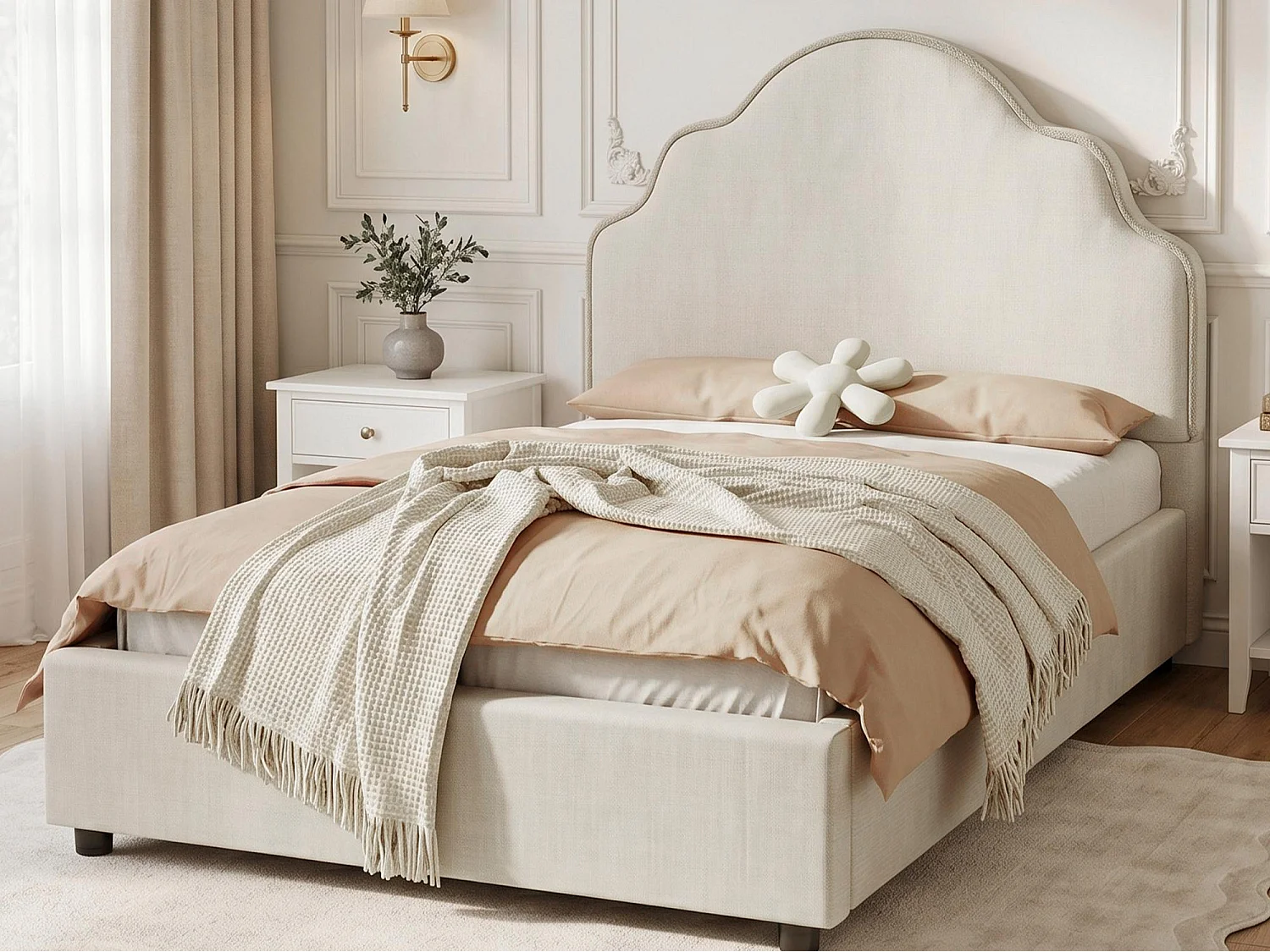 Lit simple rembourré 90 x 200 cm - avec tête de lit rembourré - avec sommier à latte - Lin - Beige (Matelas non inclus)