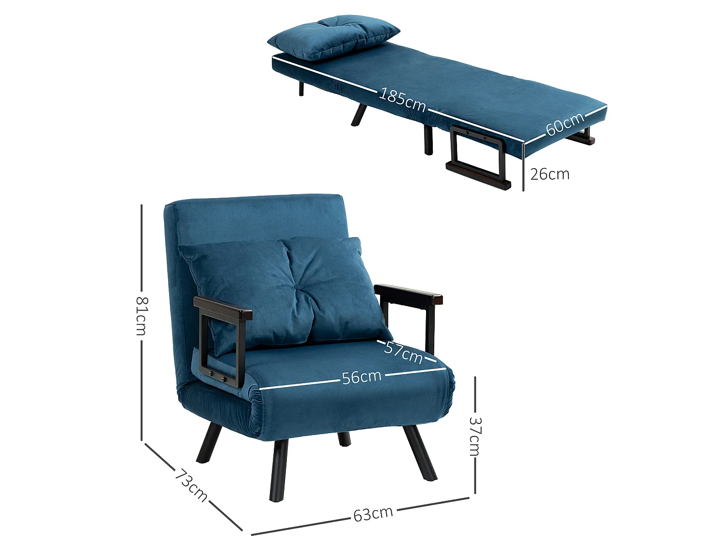 Mofa Nare Velvet Navy Blue 4 in 1 Convertible Single Chair Bed with Pillow