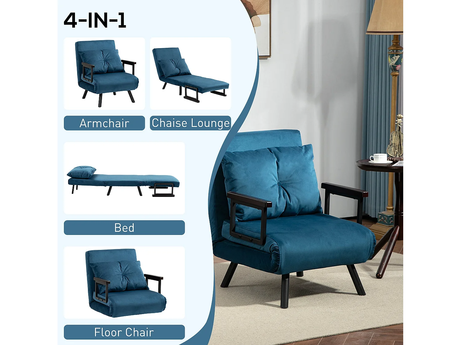 Mofa Nare Velvet Navy Blue 4 in 1 Convertible Single Chair Bed with Pillow