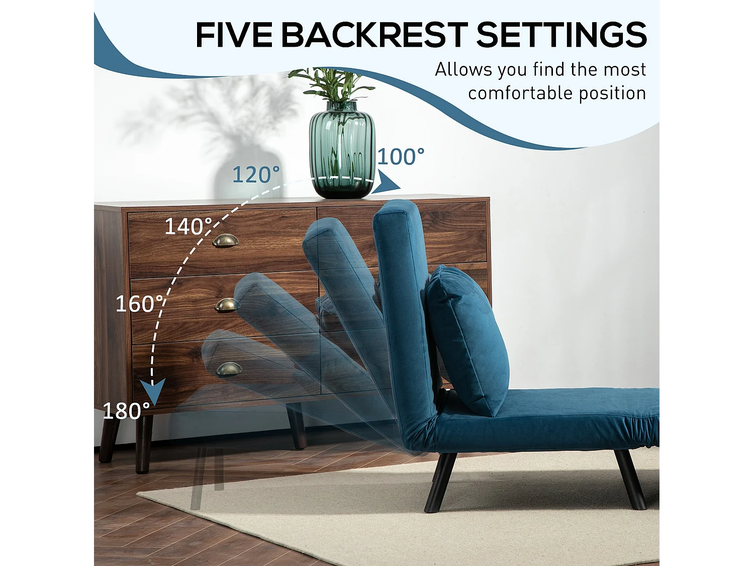 Mofa Nare Velvet Navy Blue 4 in 1 Convertible Single Chair Bed with Pillow