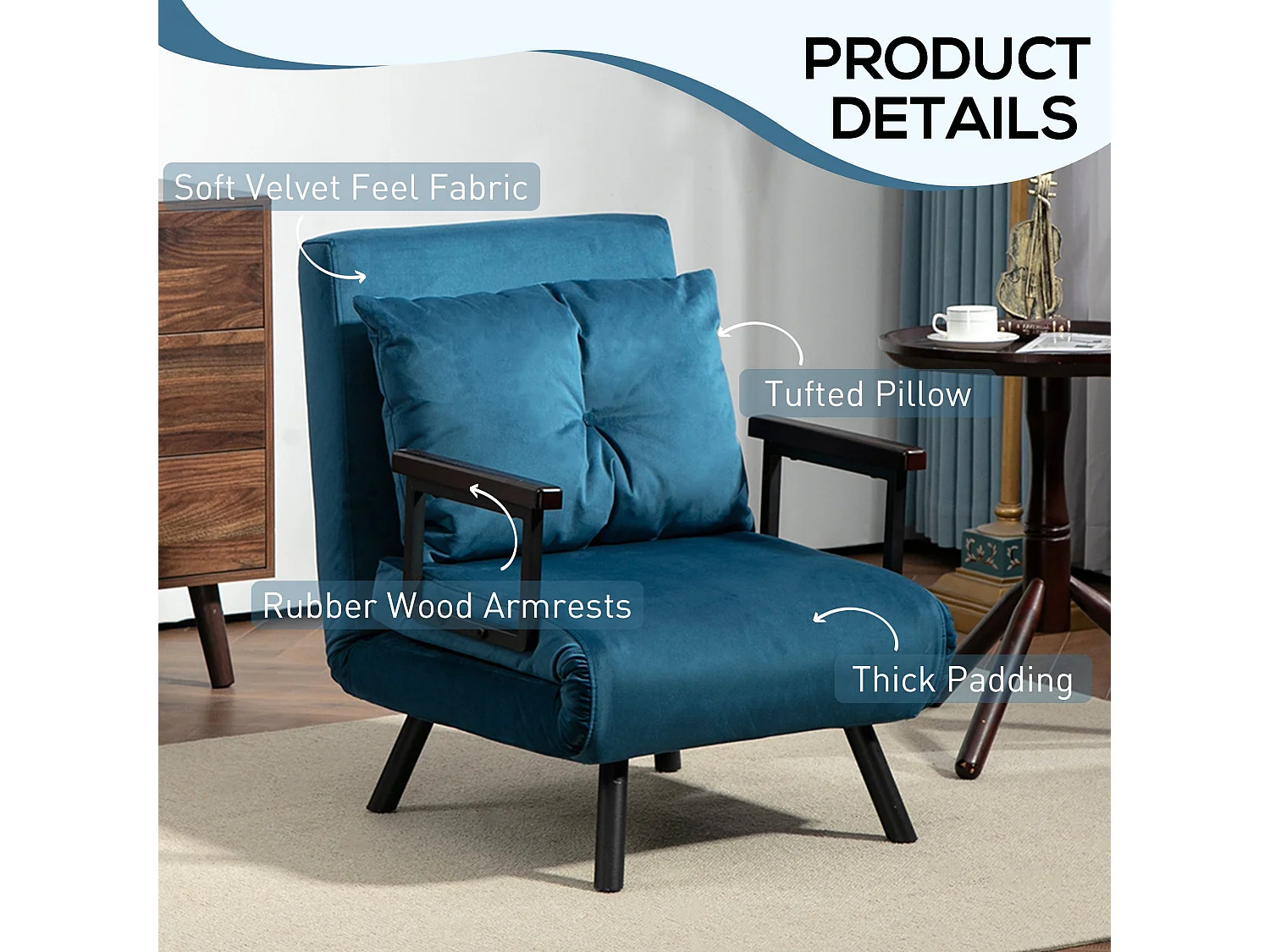 Mofa Nare Velvet Navy Blue 4 in 1 Convertible Single Chair Bed with Pillow