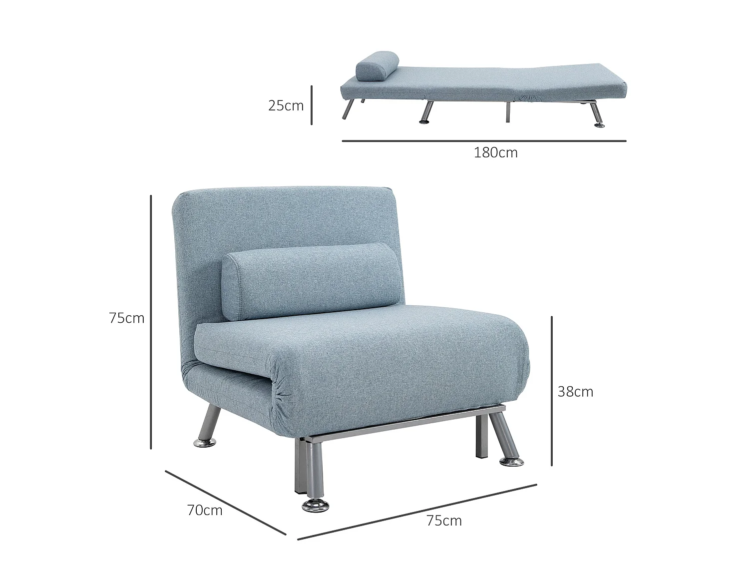 Varael Linen Sky Blue 3 in 1 Convertible Chair Bed with Adjustable 5 Position Backrest and Pillow