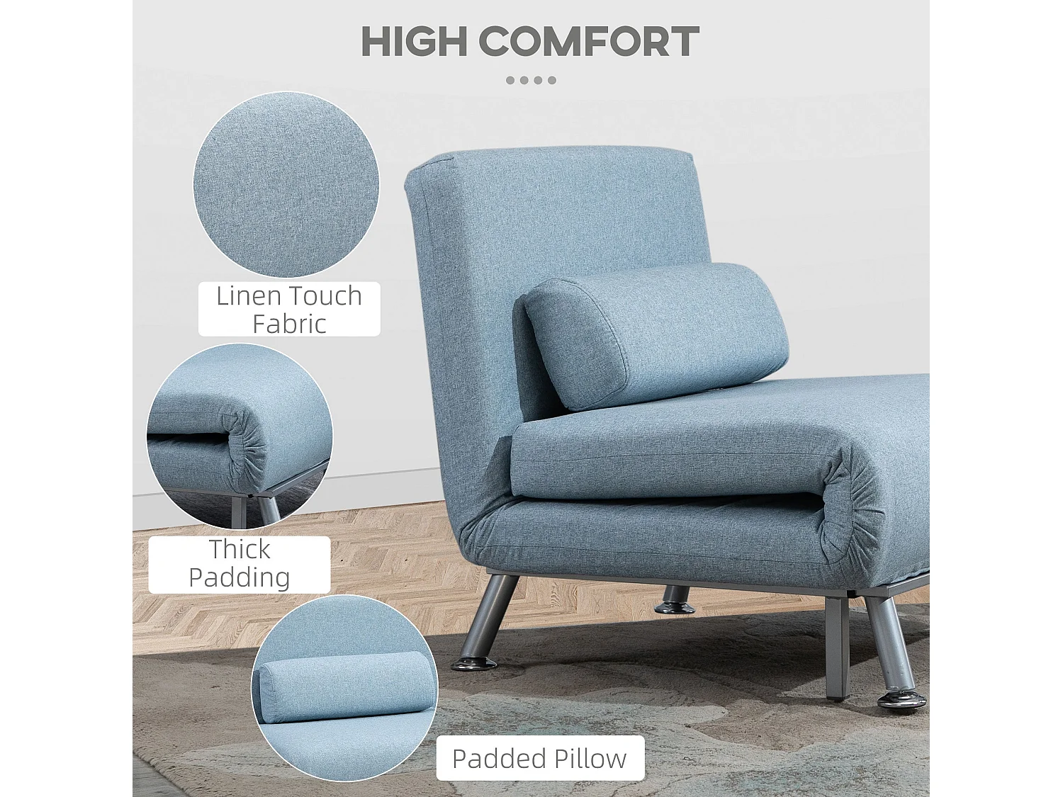 Varael Linen Sky Blue 3 in 1 Convertible Chair Bed with Adjustable 5 Position Backrest and Pillow