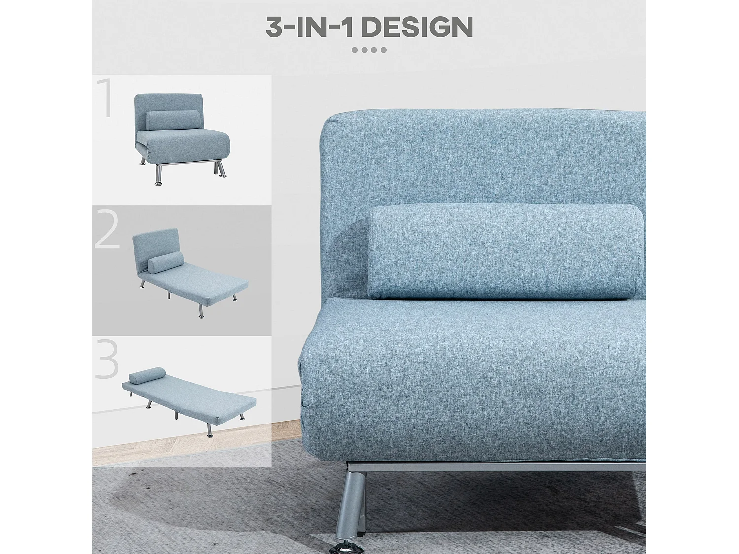 Varael Linen Sky Blue 3 in 1 Convertible Chair Bed with Adjustable 5 Position Backrest and Pillow