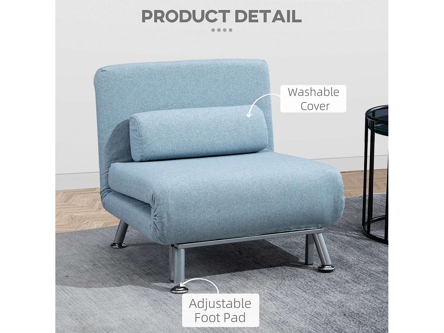 Varael Linen Sky Blue 3 in 1 Convertible Chair Bed with Adjustable 5 Position Backrest and Pillow