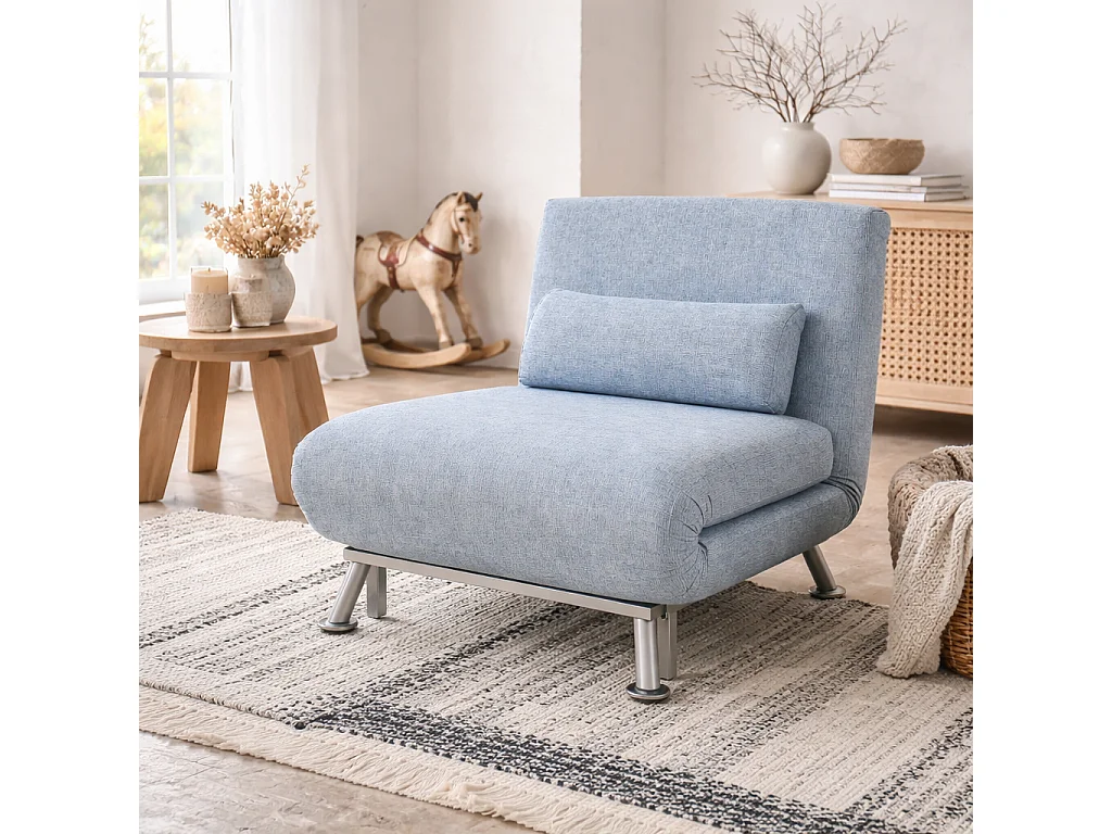 Varael Linen Sky Blue 3 in 1 Convertible Chair Bed with Adjustable 5 Position Backrest and Pillow