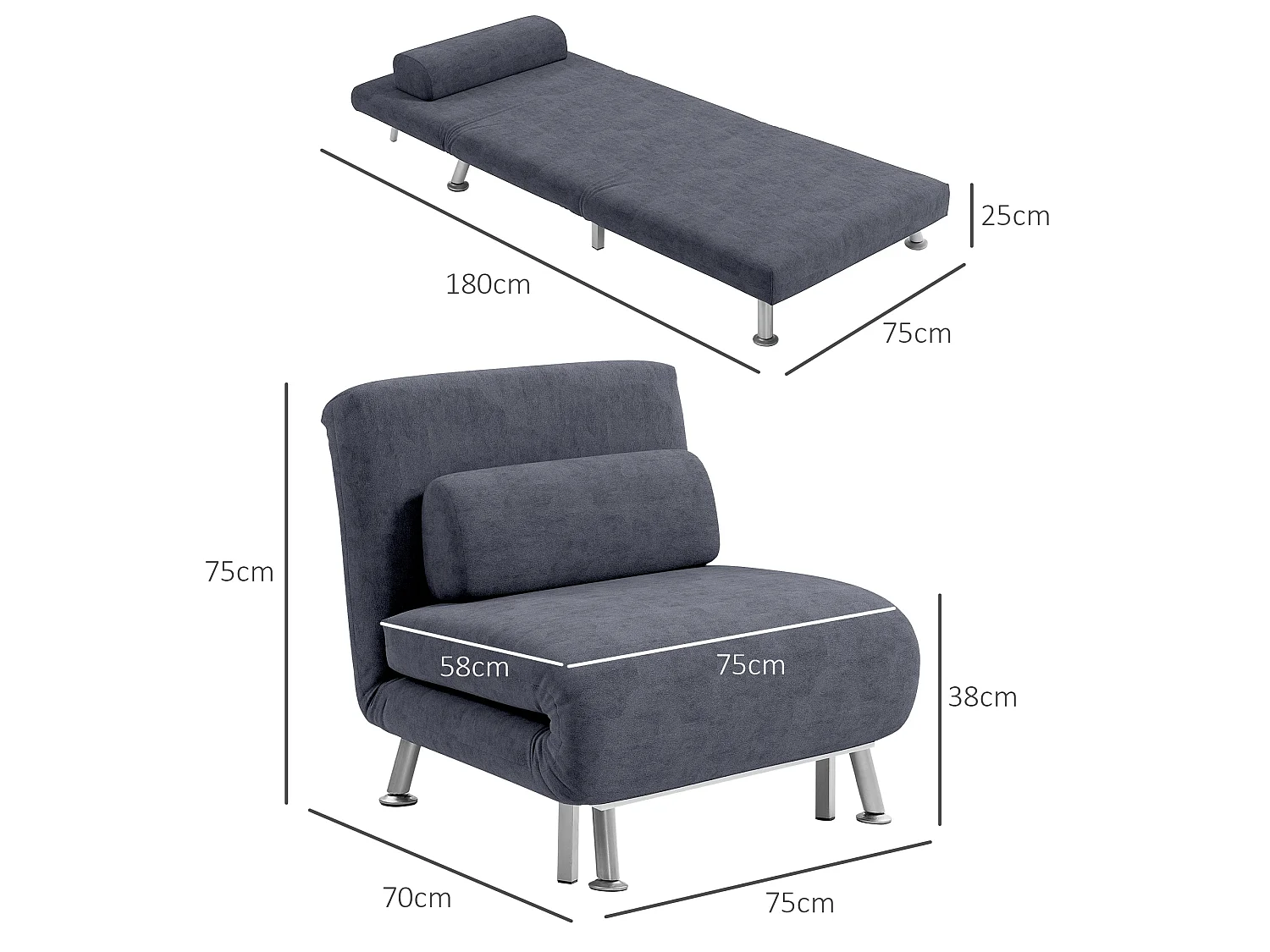 Tomi Safi Charcoal Grey Velvet Feel Single Sleeper Chair