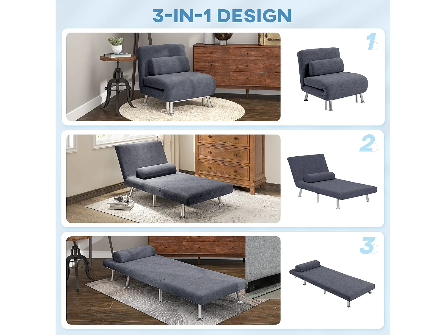 Tomi Safi Charcoal Grey Velvet Feel Single Sleeper Chair