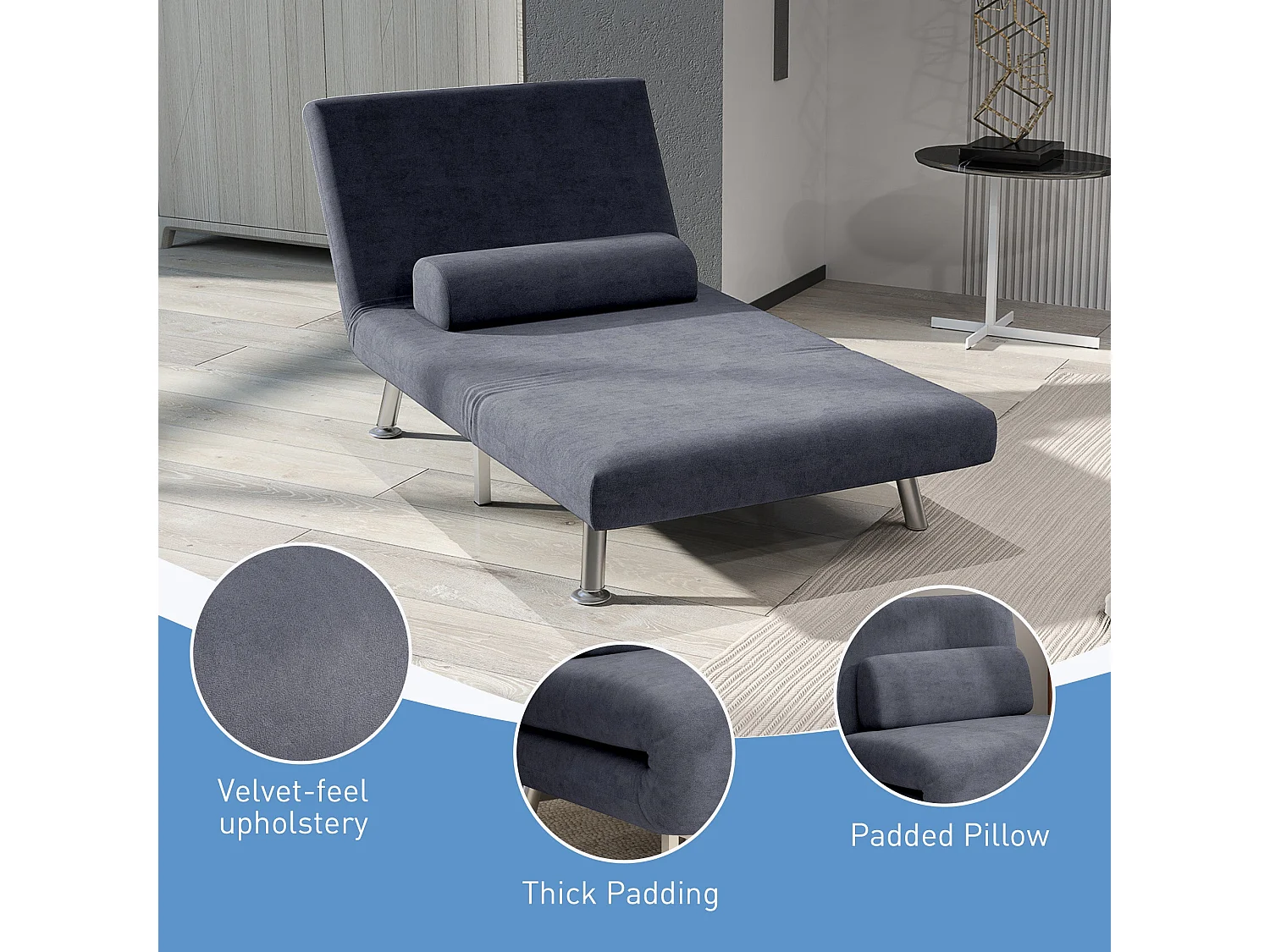 Tomi Safi Charcoal Grey Velvet Feel Single Sleeper Chair