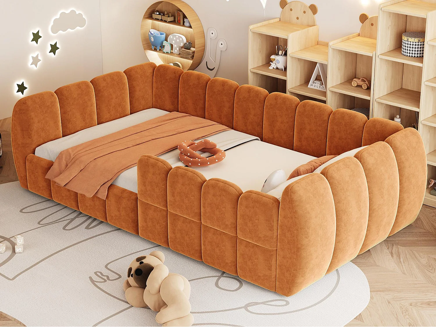 Gepolstertes Kinderbett 90 × 200 cm - Samtstoff - abgerundete Ecken - Orange (Matratze nicht enthalten)