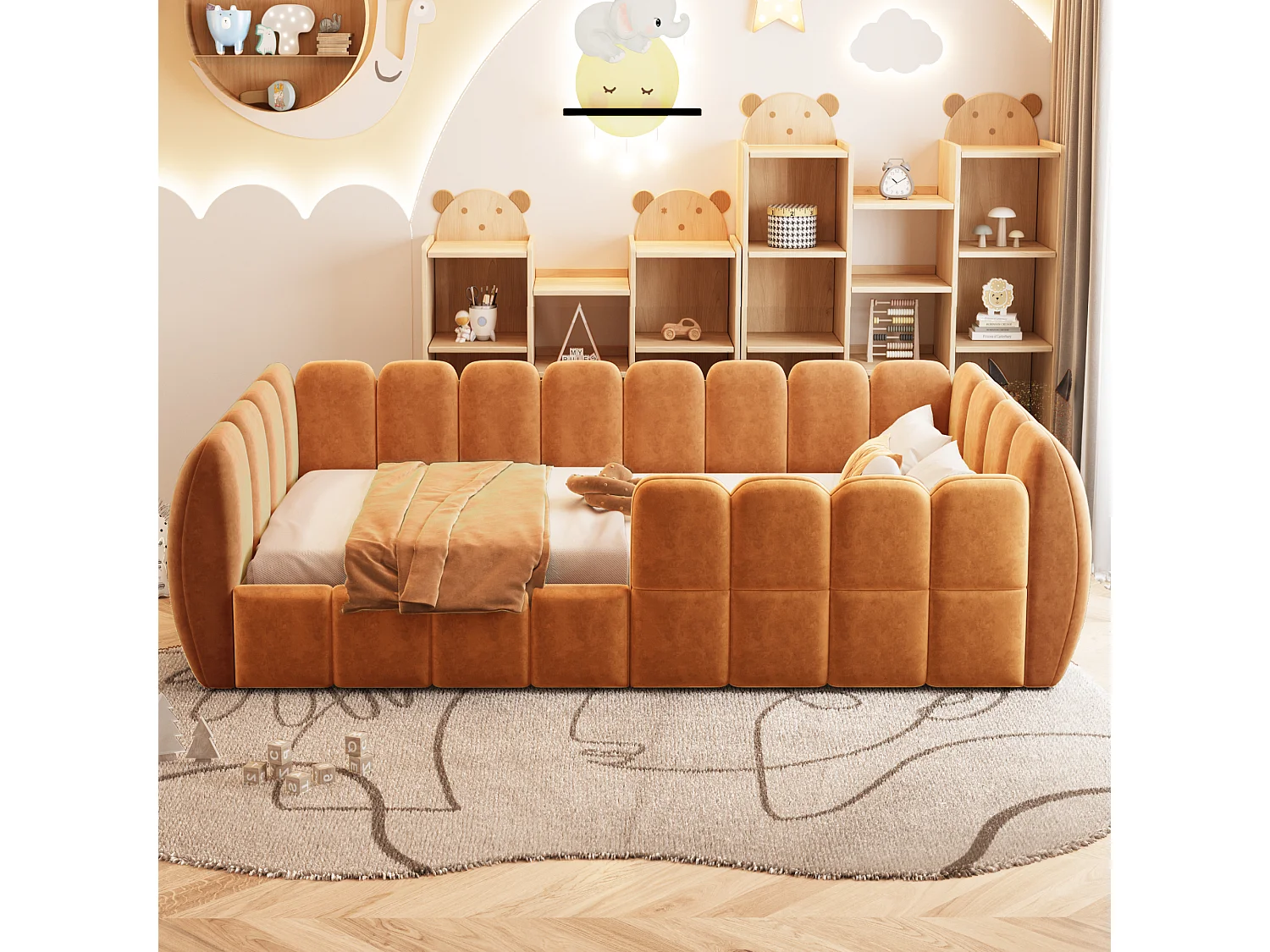 Gepolstertes Kinderbett 90 × 200 cm - Samtstoff - abgerundete Ecken - Orange (Matratze nicht enthalten)