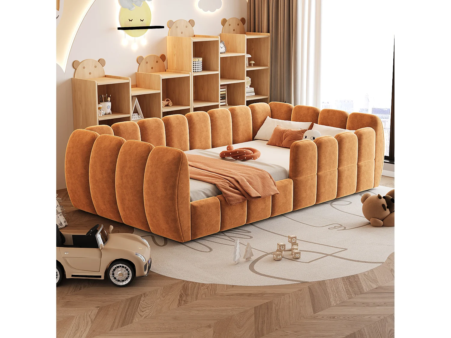 Gepolstertes Kinderbett 90 × 200 cm - Samtstoff - abgerundete Ecken - Orange (Matratze nicht enthalten)