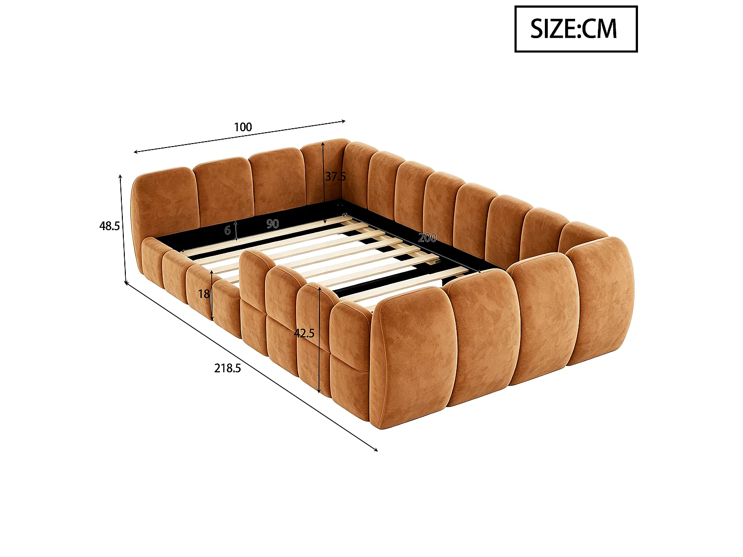 Gepolstertes Kinderbett 90 × 200 cm - Samtstoff - abgerundete Ecken - Orange (Matratze nicht enthalten)