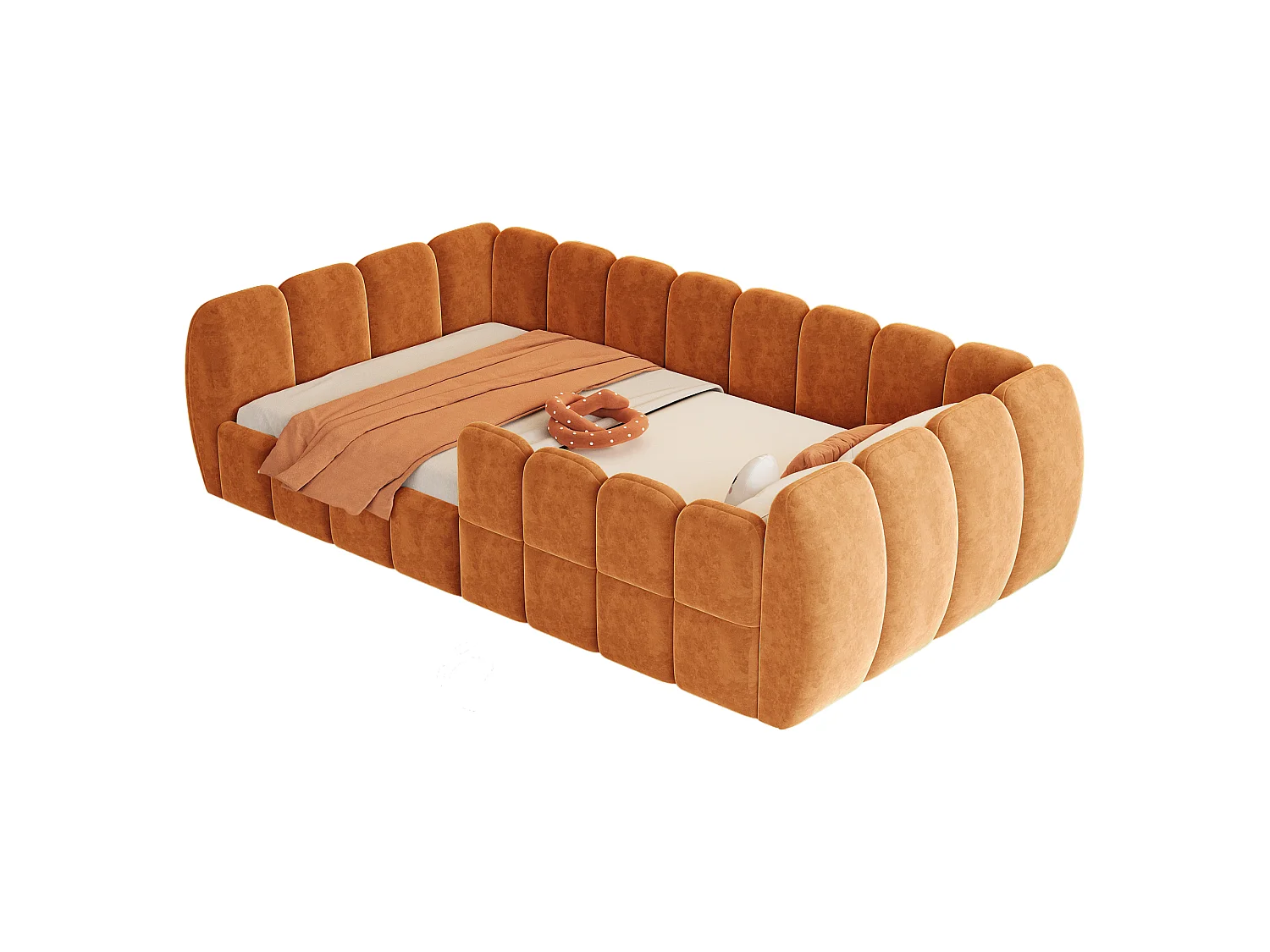 Gepolstertes Kinderbett 90 × 200 cm - Samtstoff - abgerundete Ecken - Orange (Matratze nicht enthalten)
