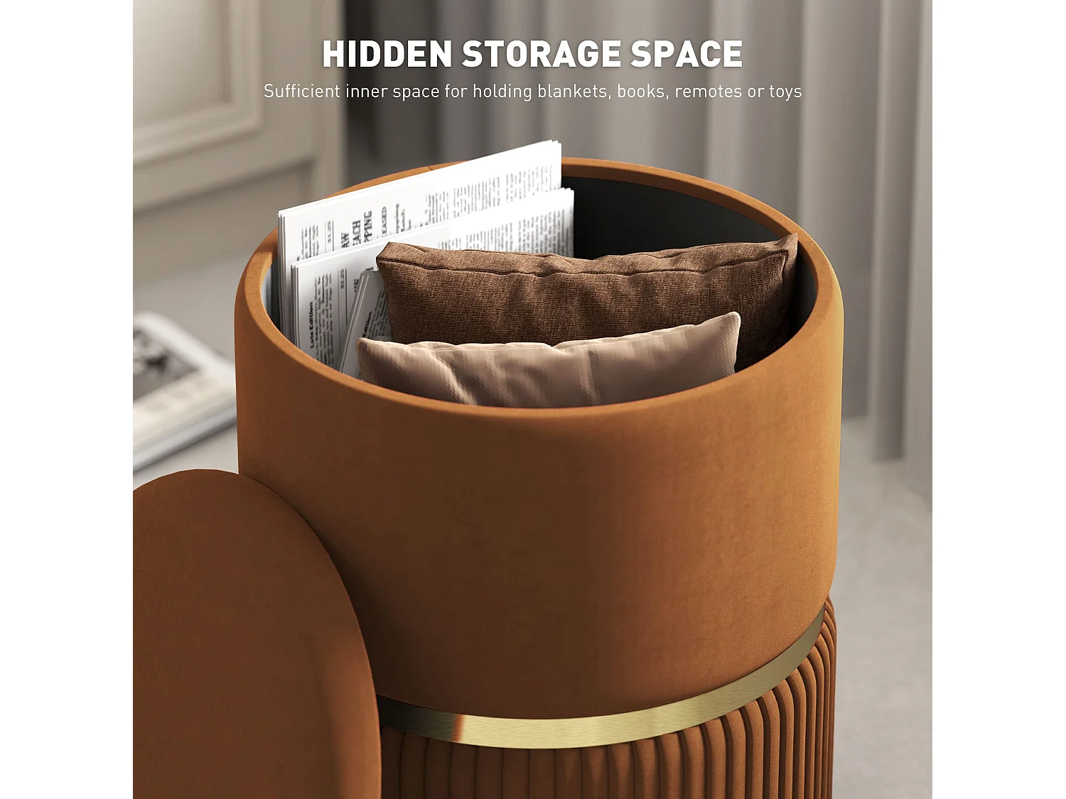 Rapa Velvet feel Light Brown Storage Ottoman with Gold Detail