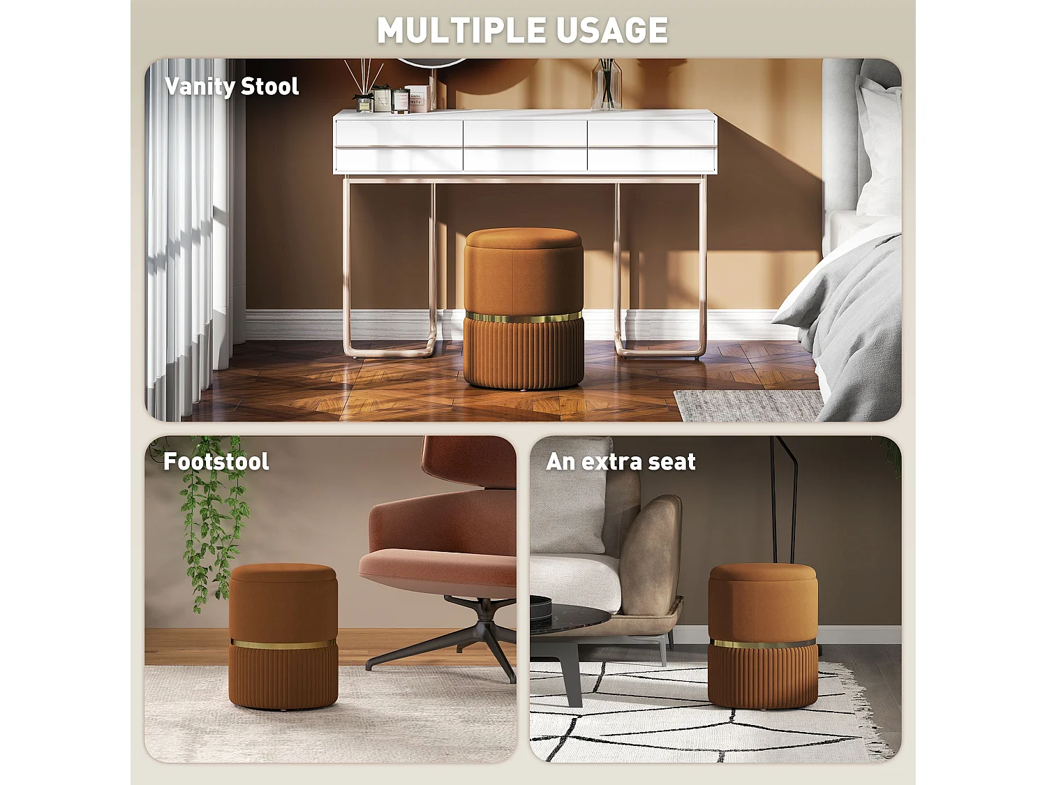Rapa Velvet feel Light Brown Storage Ottoman with Gold Detail