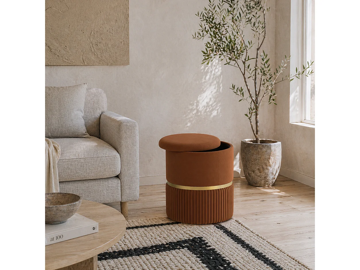 Rapa Velvet feel Light Brown Storage Ottoman with Gold Detail