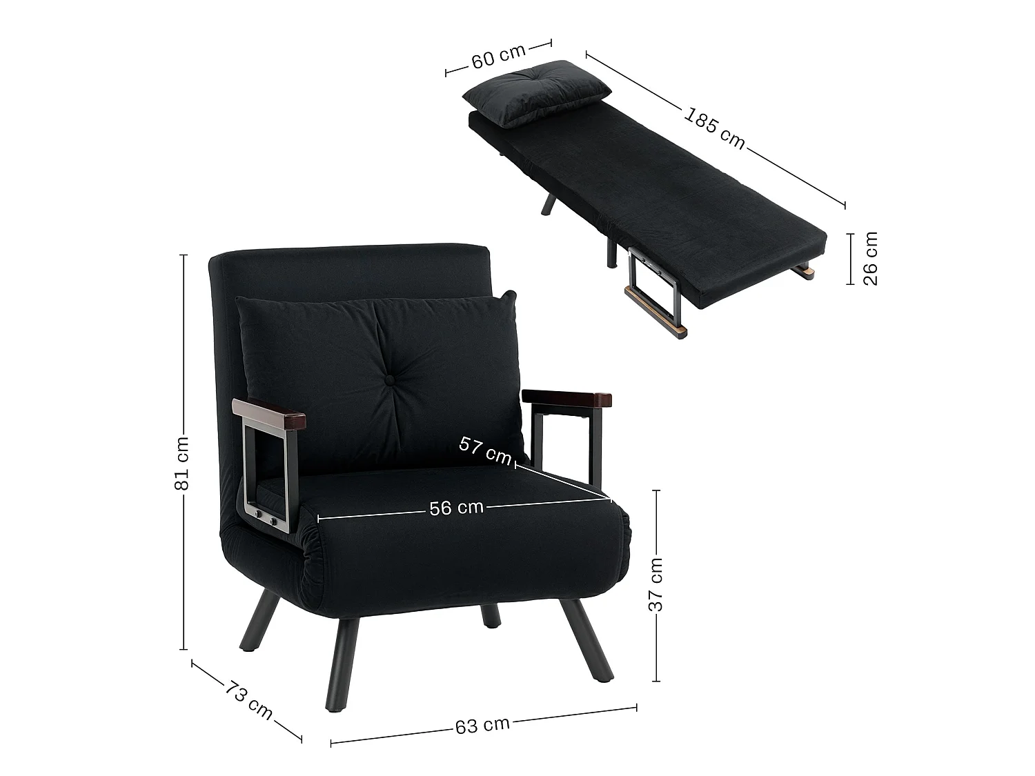 Nenoli Velvet Black 4 in 1 Convertible Single Chair Bed with Cushion