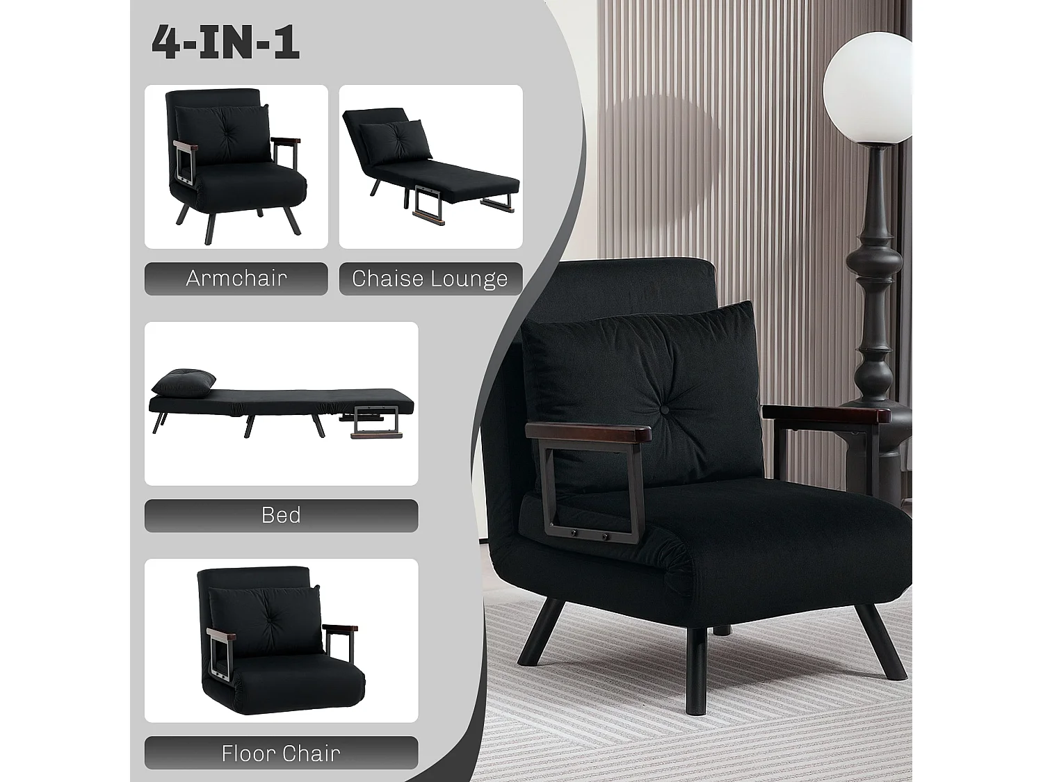 Nenoli Velvet Black 4 in 1 Convertible Single Chair Bed with Cushion