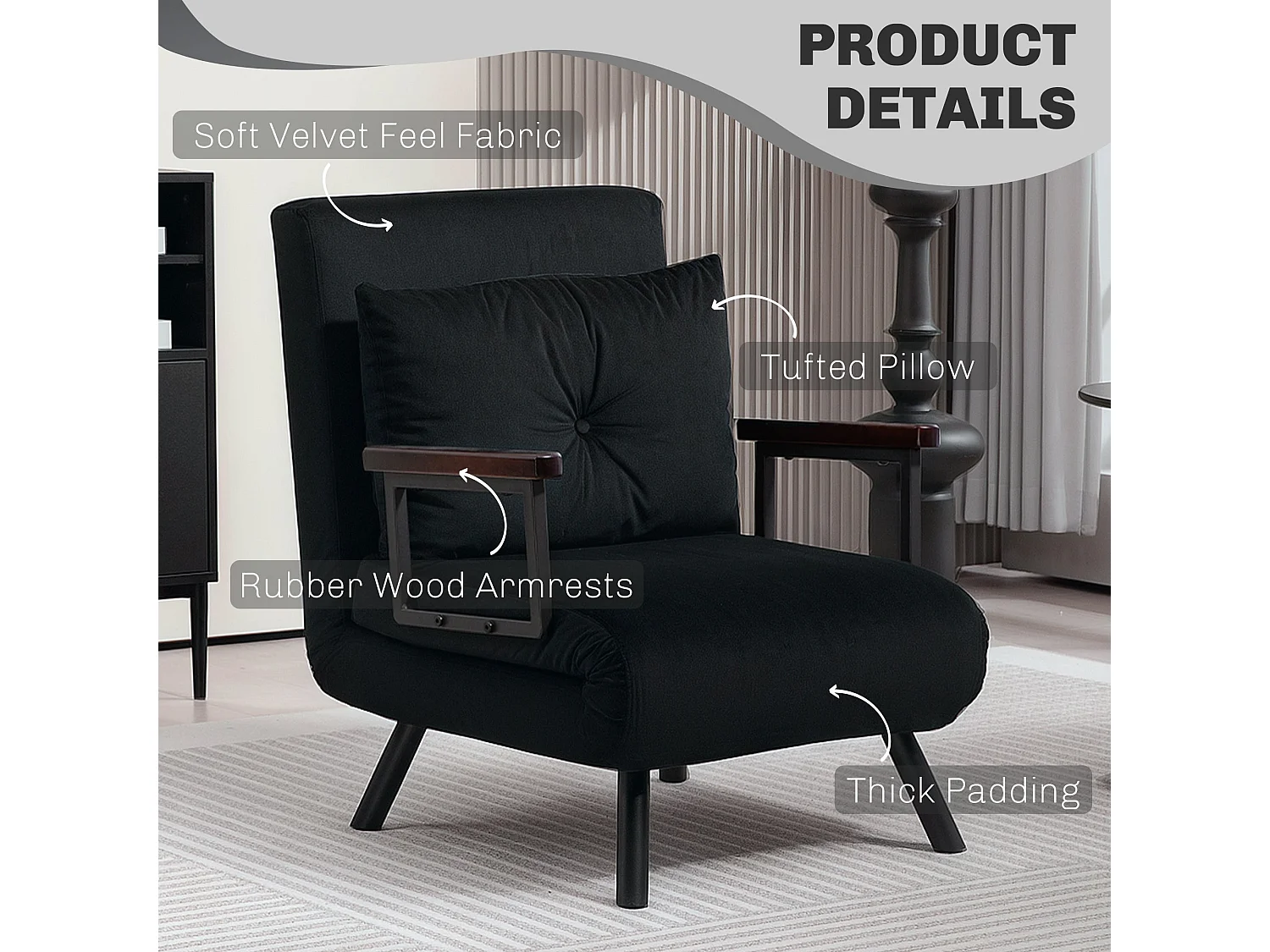Nenoli Velvet Black 4 in 1 Convertible Single Chair Bed with Cushion