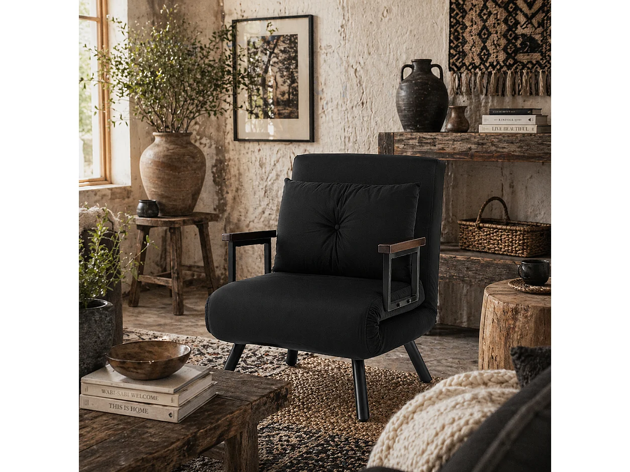 Nenoli Velvet Black 4 in 1 Convertible Single Chair Bed with Cushion