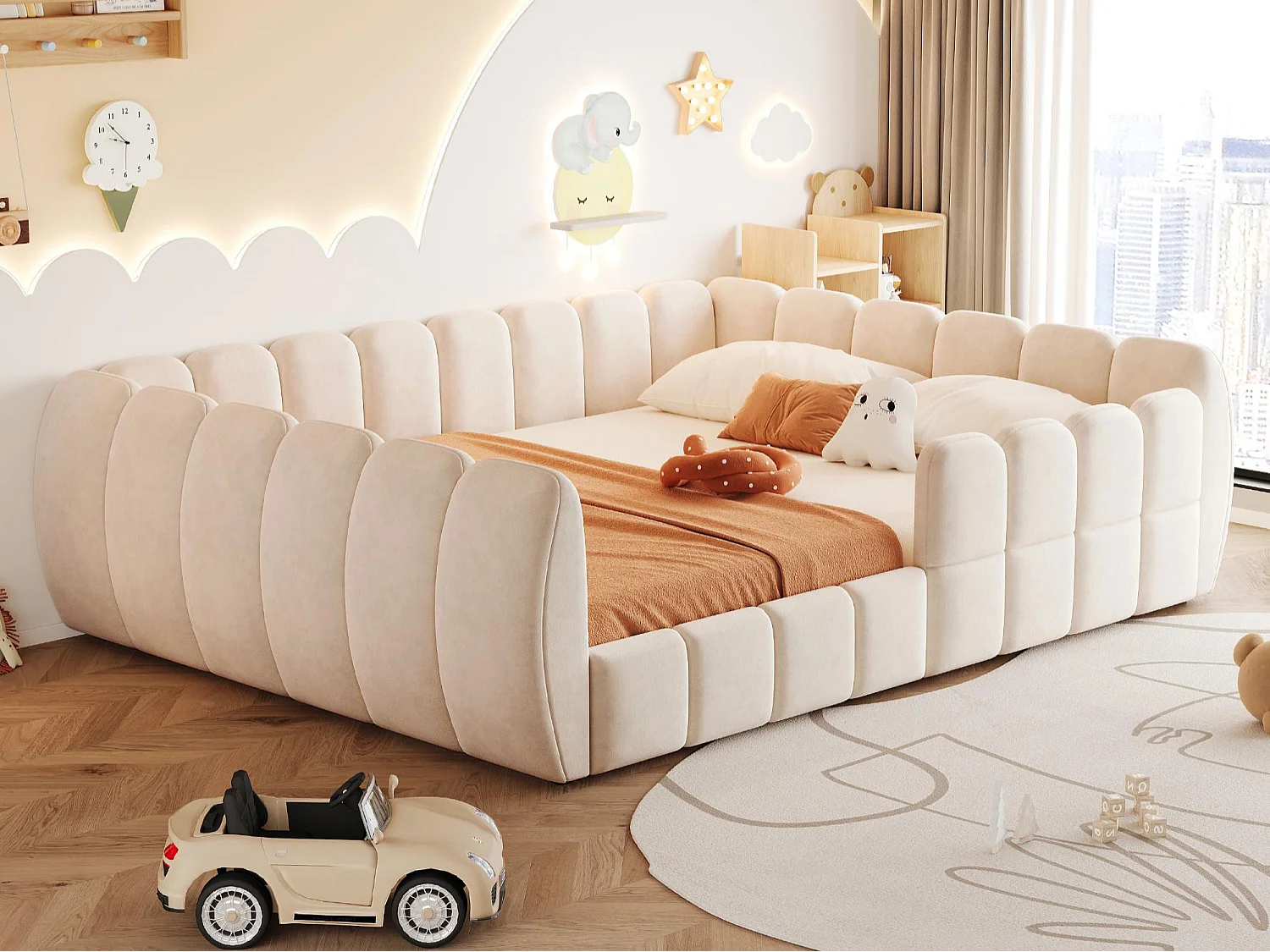 Gepolstertes Kinderbett 140 × 200 cm - Samtstoff - abgerundete Ecken - Beige (Matratze nicht enthalten)
