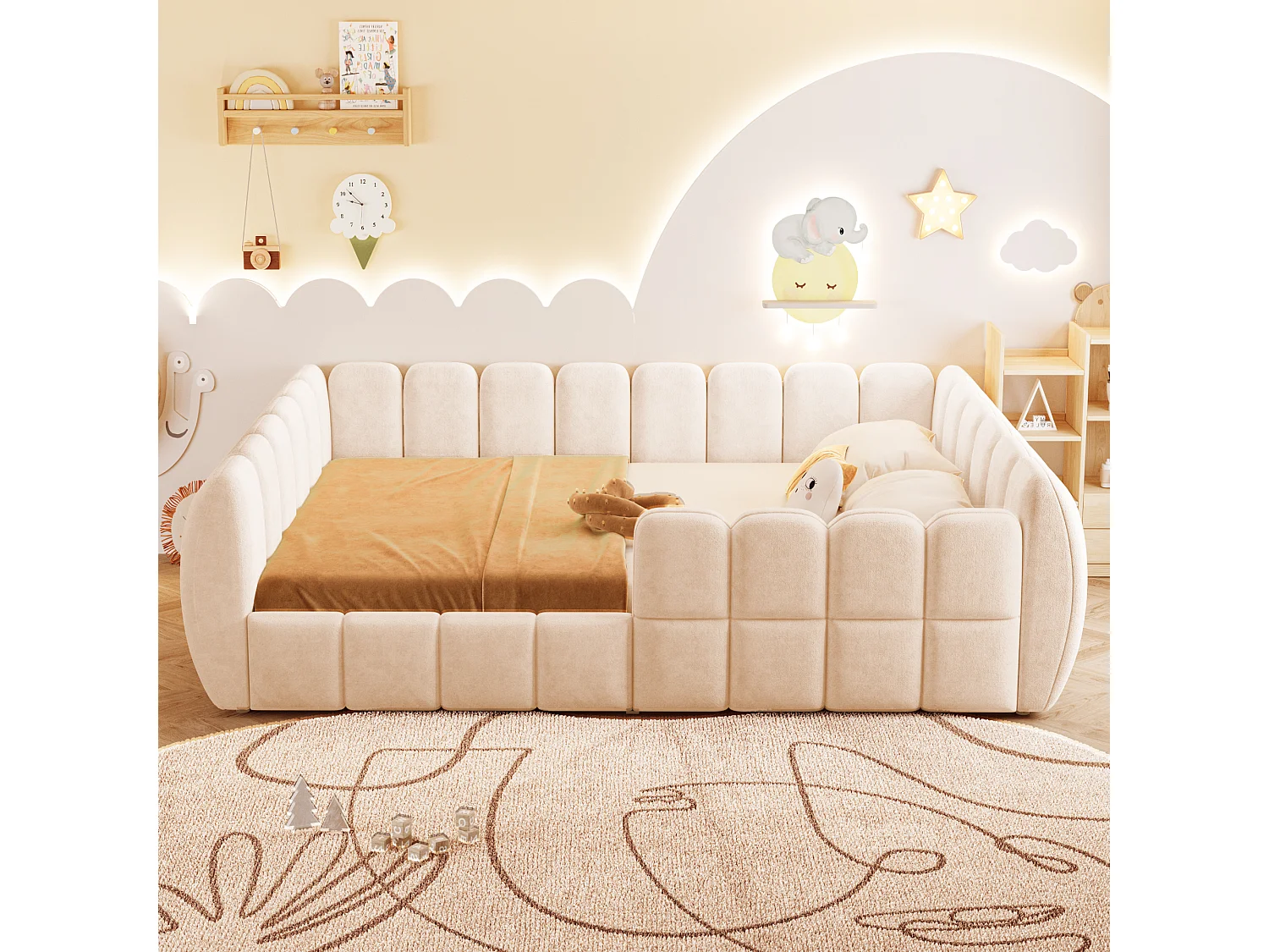 Gepolstertes Kinderbett 140 × 200 cm - Samtstoff - abgerundete Ecken - Beige (Matratze nicht enthalten)