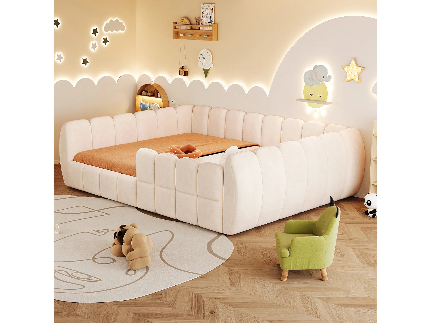 Gepolstertes Kinderbett 140 × 200 cm - Samtstoff - abgerundete Ecken - Beige (Matratze nicht enthalten)