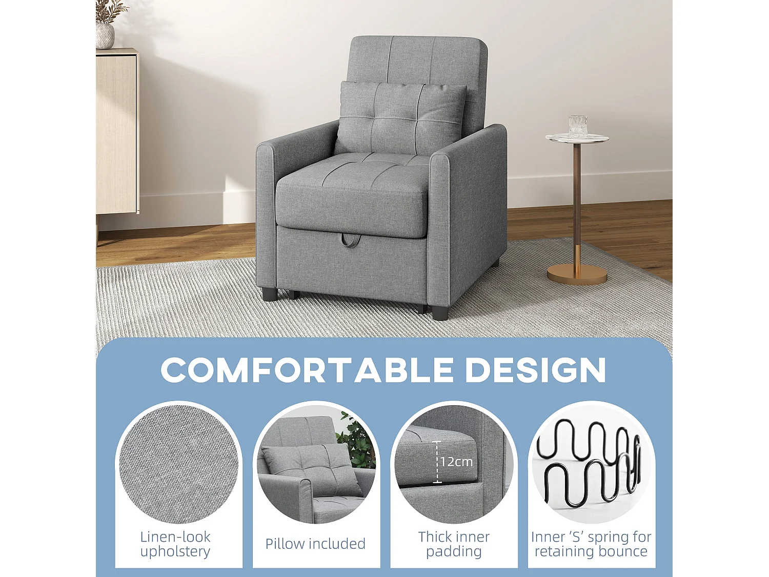Vayopa Linen Look Light Grey Single Sleeper Chair