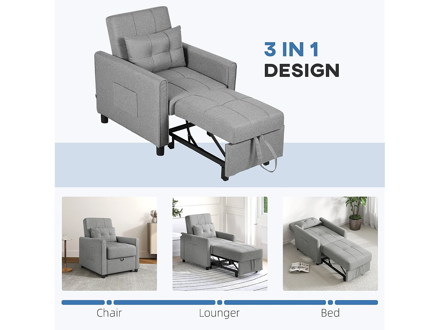 Vayopa Linen Look Light Grey Single Sleeper Chair