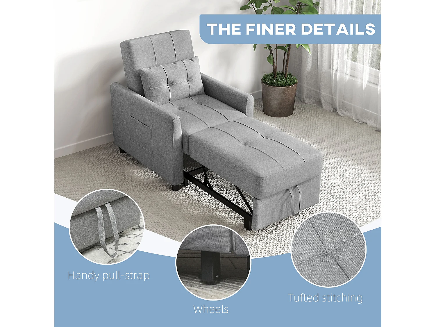 Vayopa Linen Look Light Grey Single Sleeper Chair