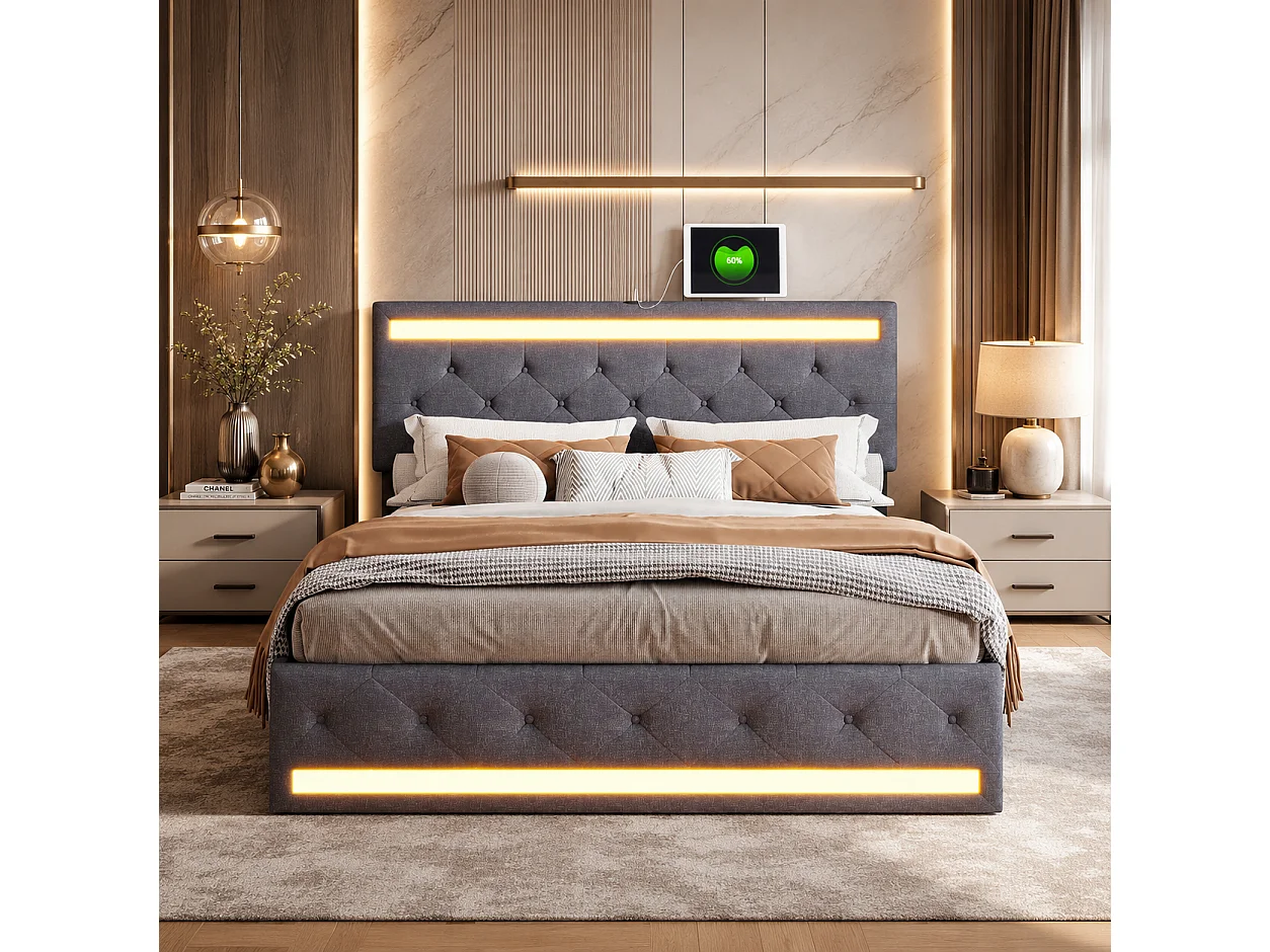 Lit double capitonné 160x200 cm avec Sommier et 4 Tiroirs de Rangement, Lit Rembourré en Lin avec Tête de Lit à LED et Charge USB, Cadre de Lit, Linen, Gris Foncé