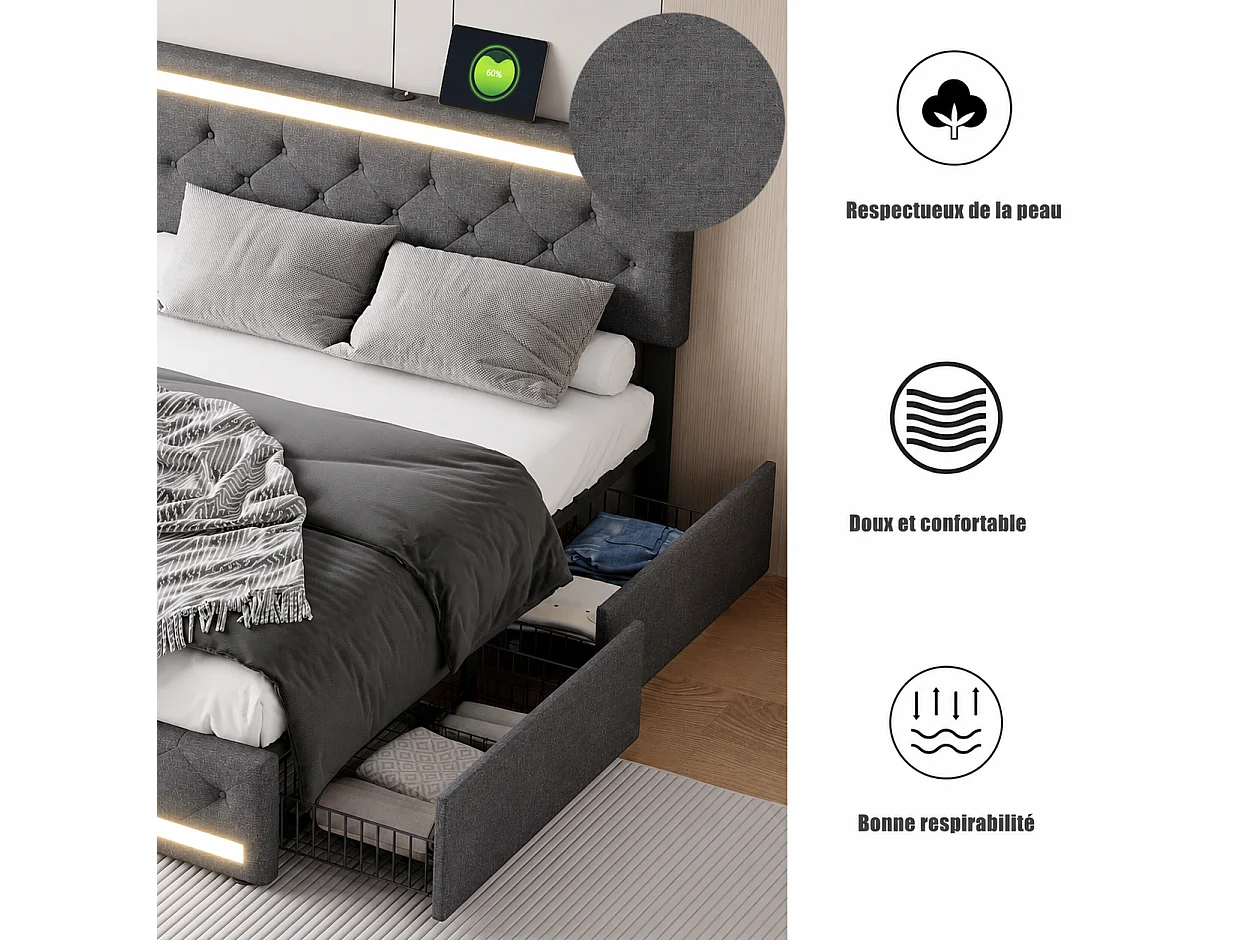 Lit double capitonné 160x200 cm avec Sommier et 4 Tiroirs de Rangement, Lit Rembourré en Lin avec Tête de Lit à LED et Charge USB, Cadre de Lit, Linen, Gris Foncé