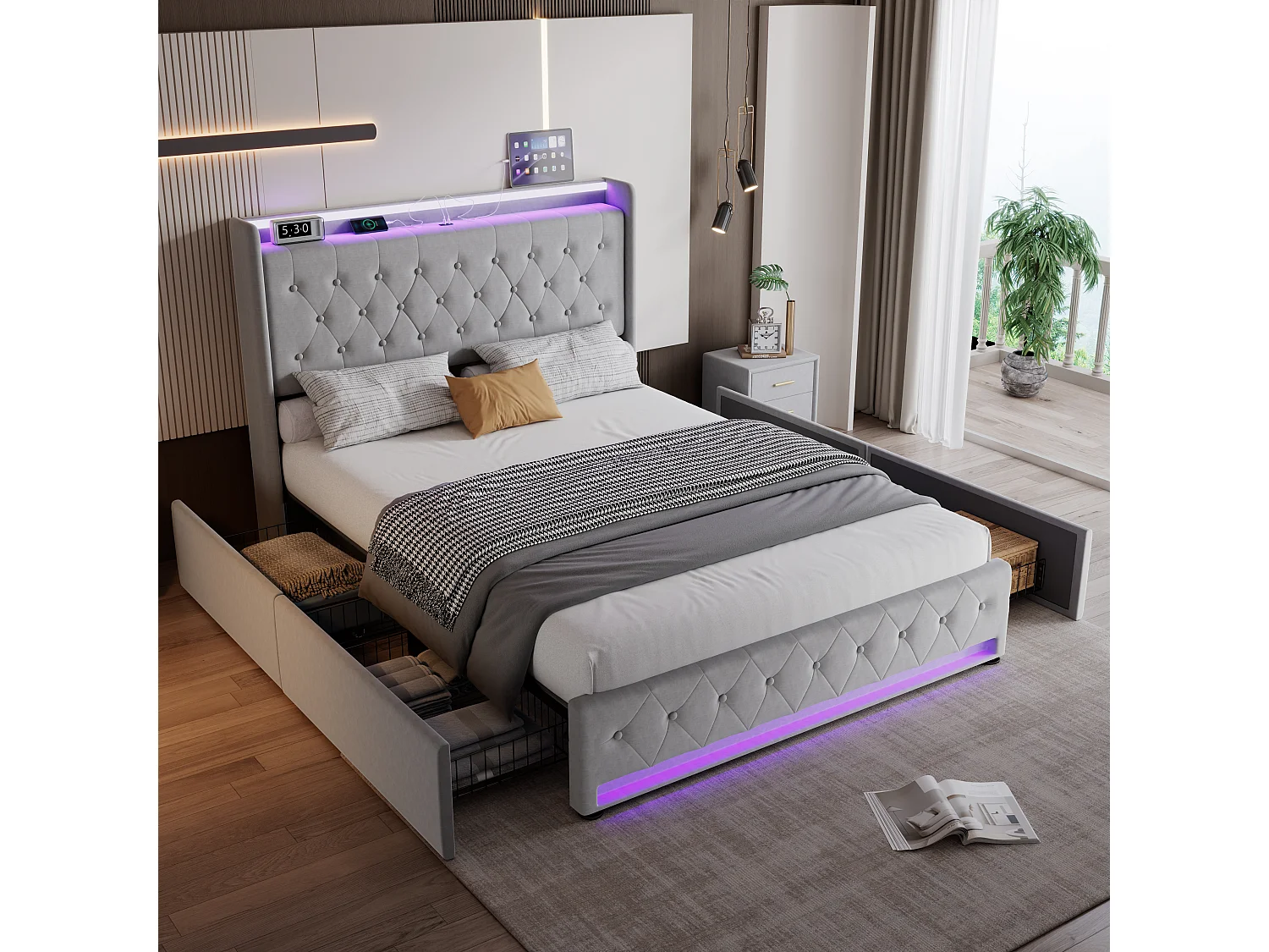 Upholstered double bed 135x190 cm - With 4 drawers - with LED strip lighting - with charging socket - velvet fabric - grey